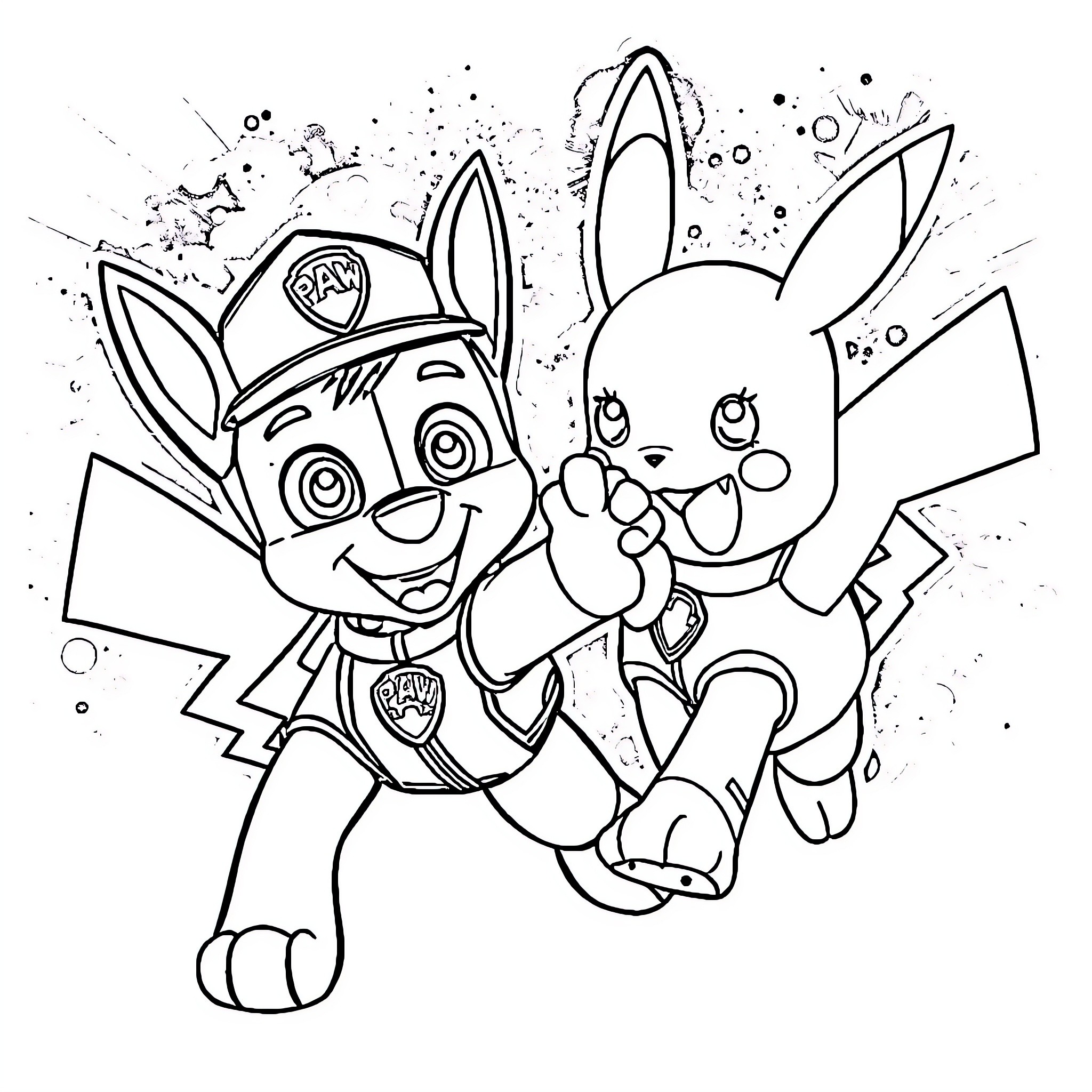 Chase the Paw Patrol rabbits in action Coloring Page (free black-and-white line drawing printable PDF for all, from beginners to advanced learners, including children, teens, adults, and seniors)