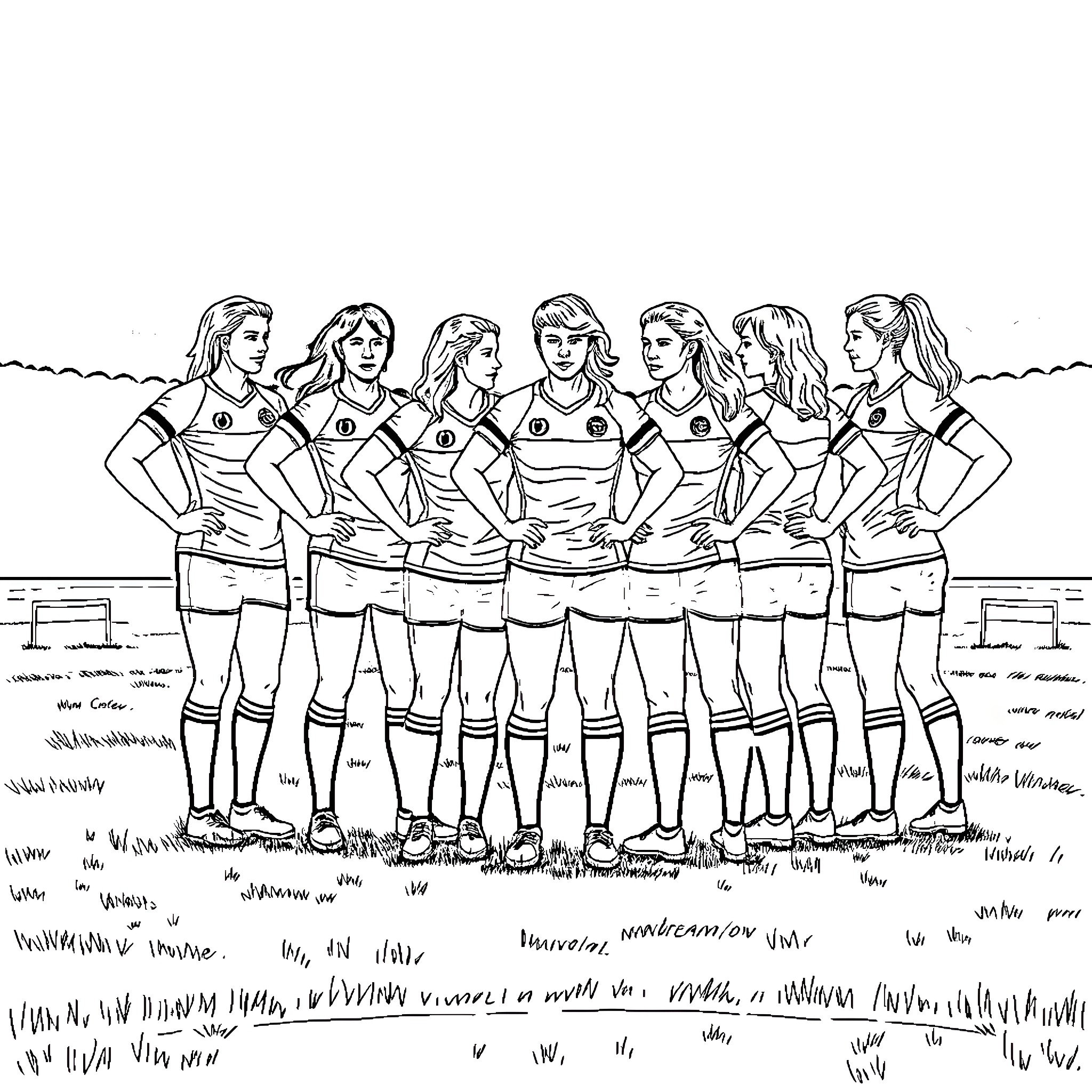Rugbywoman in team huddle on field Coloring Page (free black-and-white line drawing printable PDF for all, from beginners to advanced learners, including children, teens, adults, and seniors)