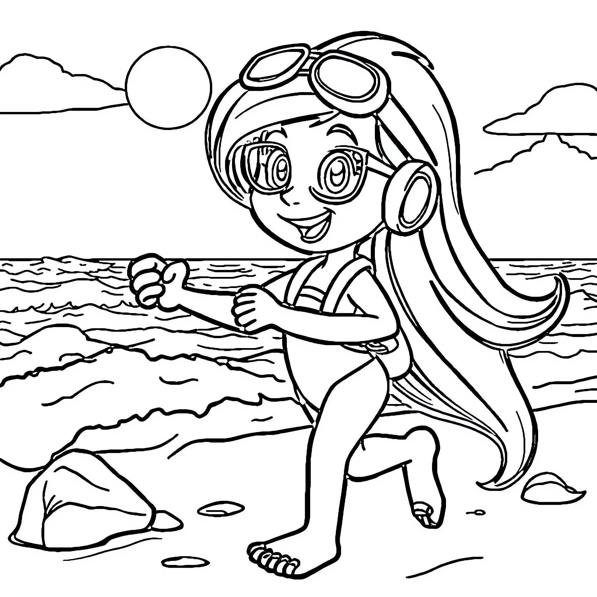 Dora playing happily on the beach Coloring Page (free black-and-white line drawing printable PDF for all, from beginners to advanced learners, including children, teens, adults, and seniors)