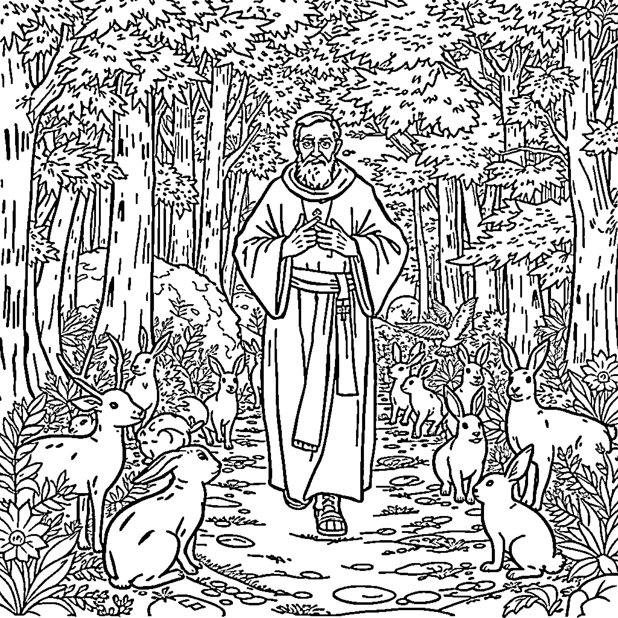St. Francis embracing nature in the forest Coloring Page (free black-and-white line drawing printable PDF for all, from beginners to advanced learners, including children, teens, adults, and seniors)
