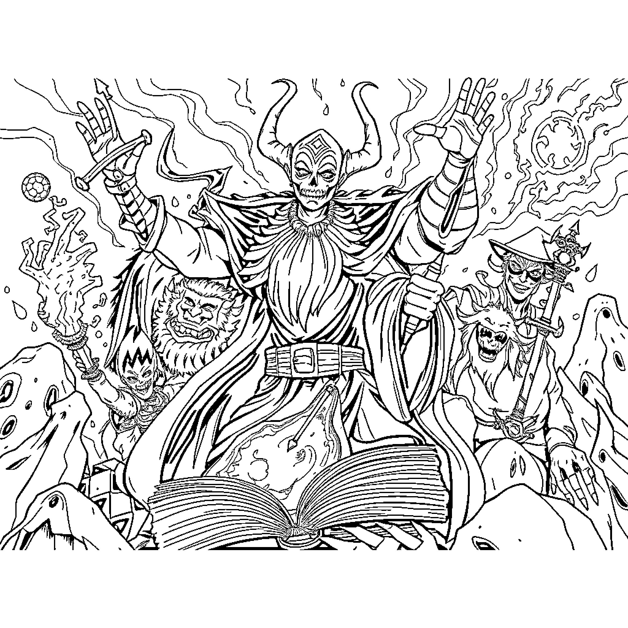 Wicked Sorcerer's Enchanting Spell Casting Coloring Page (free black-and-white line drawing printable PDF for all, from beginners to advanced learners, including children, teens, adults, and seniors)