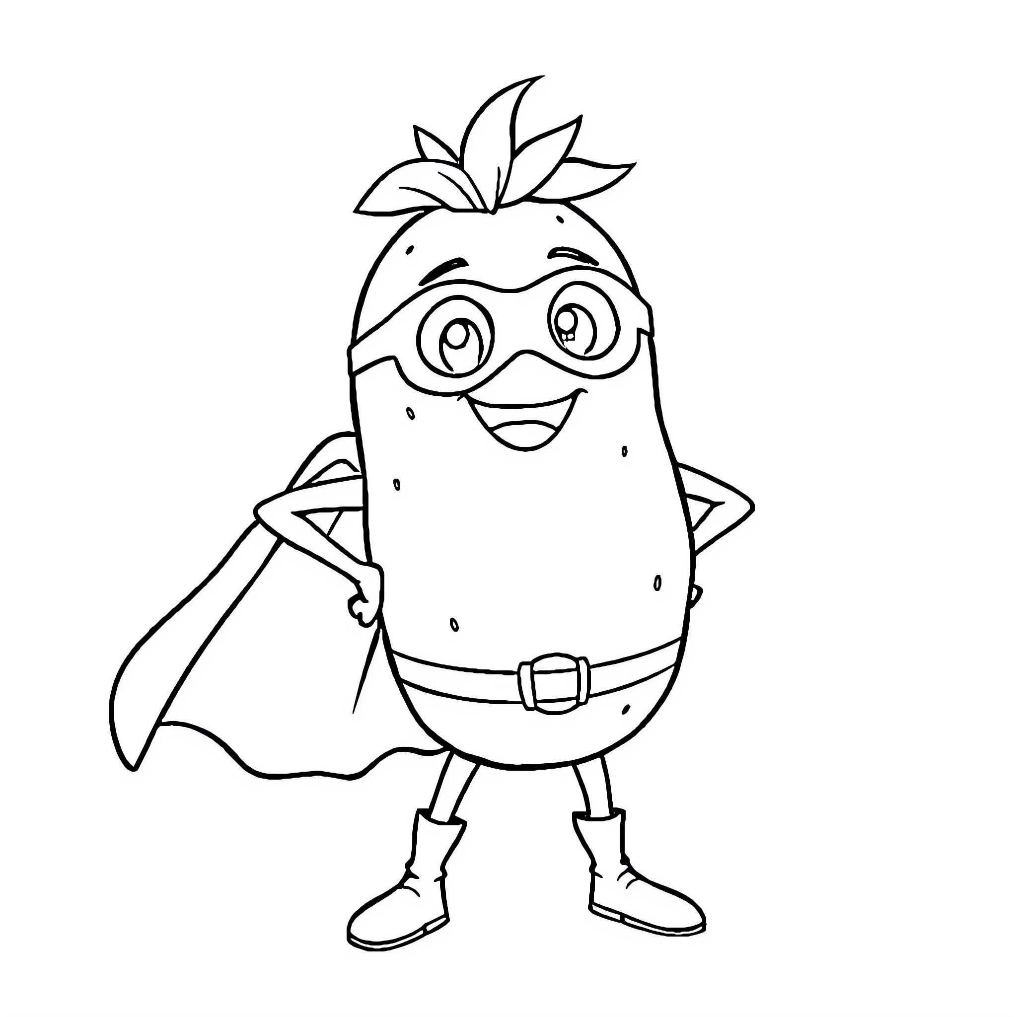 Superpatata in a Superhero Costume Coloring Page (free black-and-white line drawing printable PDF for all, from beginners to advanced learners, including children, teens, adults, and seniors)