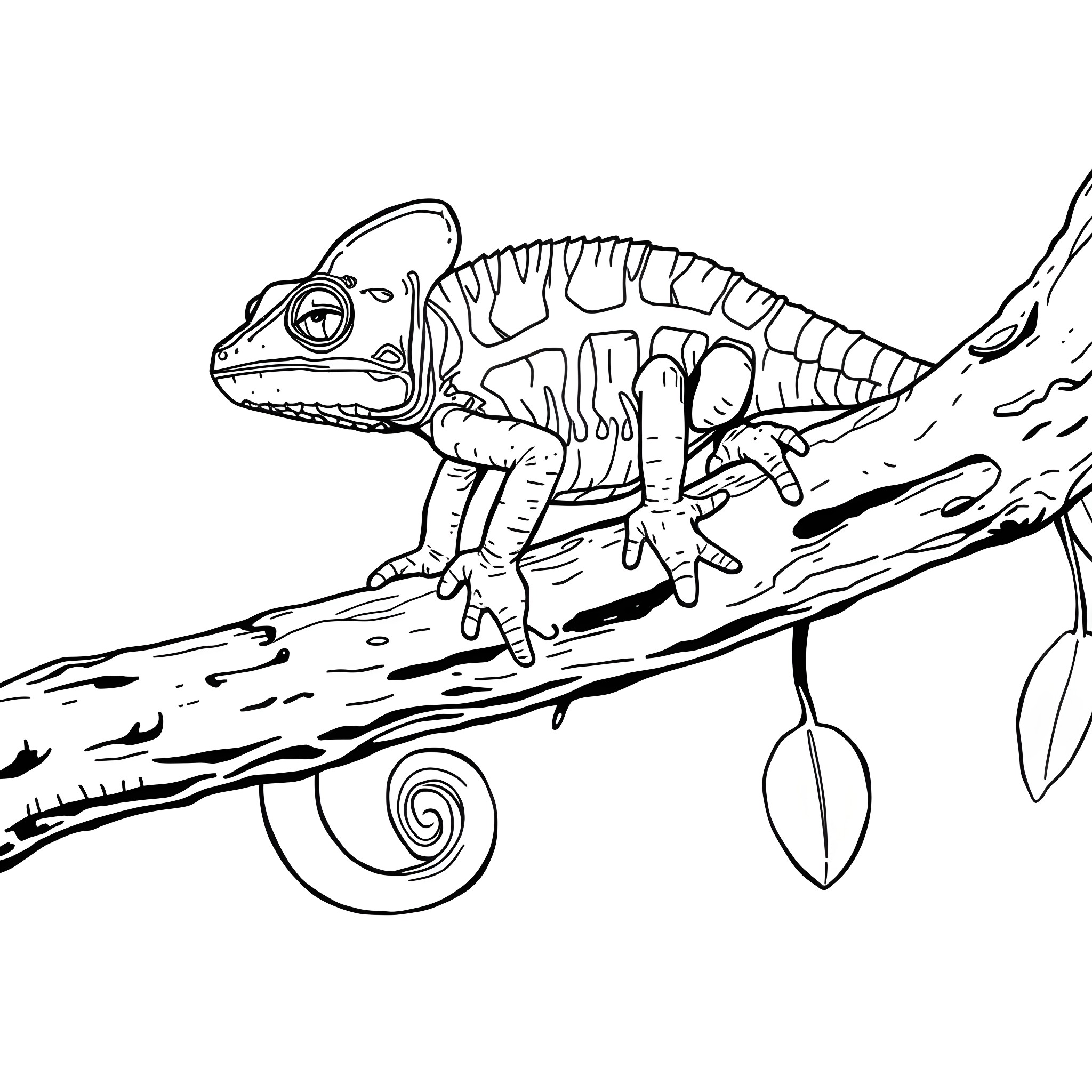 Chameleon exploring nature on a branch Coloring Page (free black-and-white line drawing printable PDF for all, from beginners to advanced learners, including children, teens, adults, and seniors)