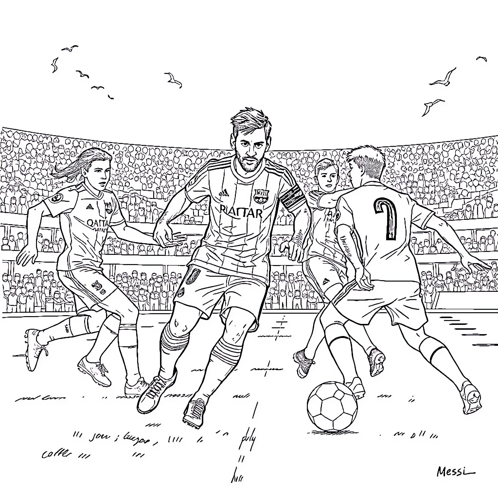 Messi leading his team in an intense soccer match Coloring Page (free black-and-white line drawing printable PDF for all, from beginners to advanced learners, including children, teens, adults, and seniors)