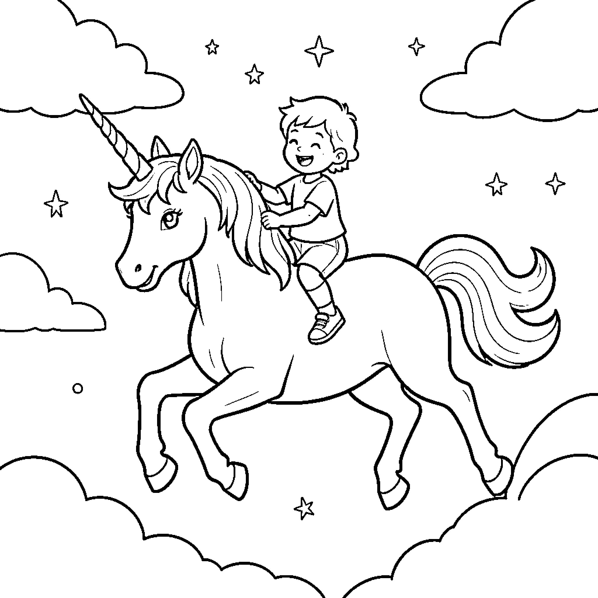 Unicorn Ride Under the Starry Sky Coloring Page (free black-and-white line drawing printable PDF for all, from beginners to advanced learners, including children, teens, adults, and seniors)
