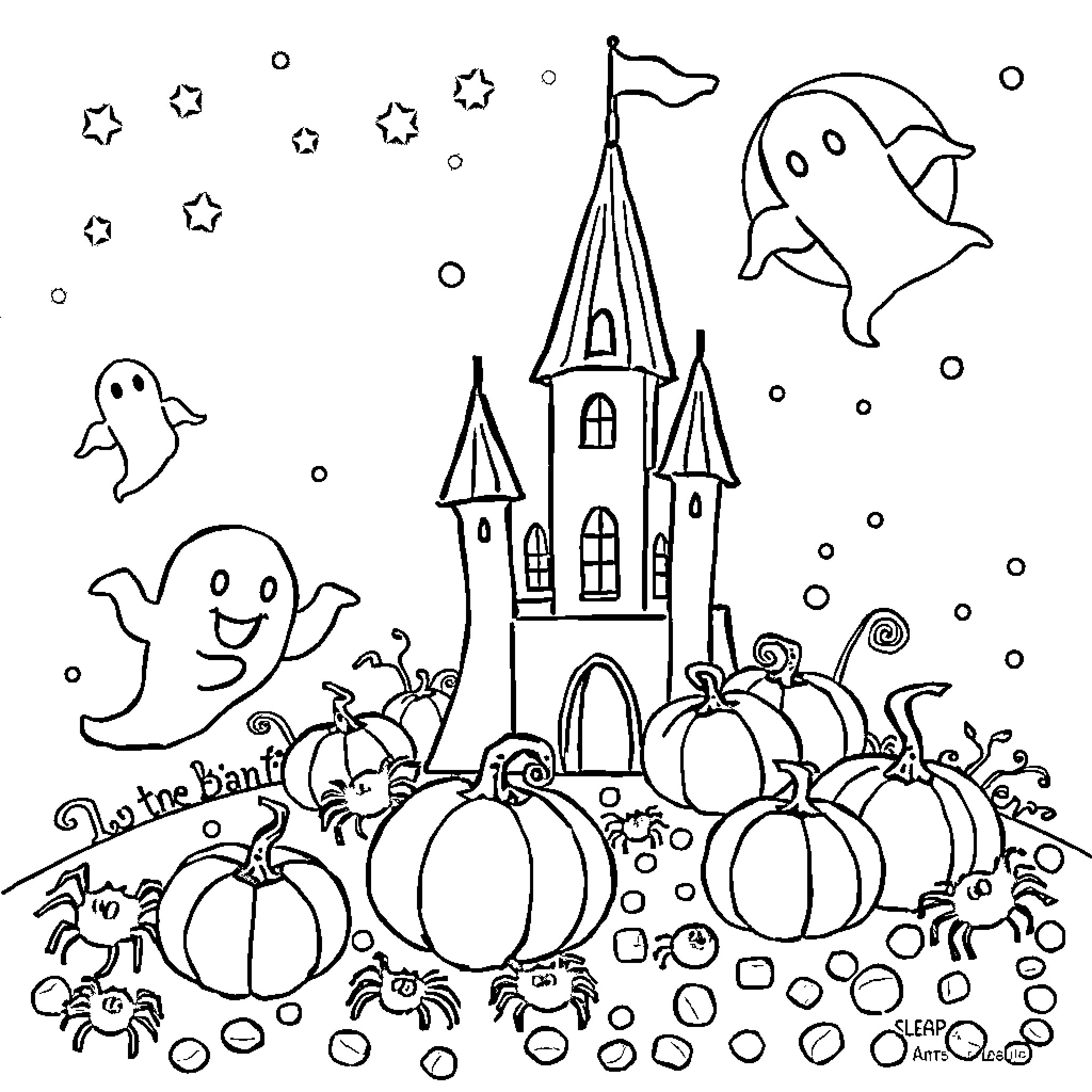 Castle with Spooky Halloween Decorations and Ghosts Coloring Page (free black-and-white line drawing printable PDF for all, from beginners to advanced learners, including children, teens, adults, and seniors)
