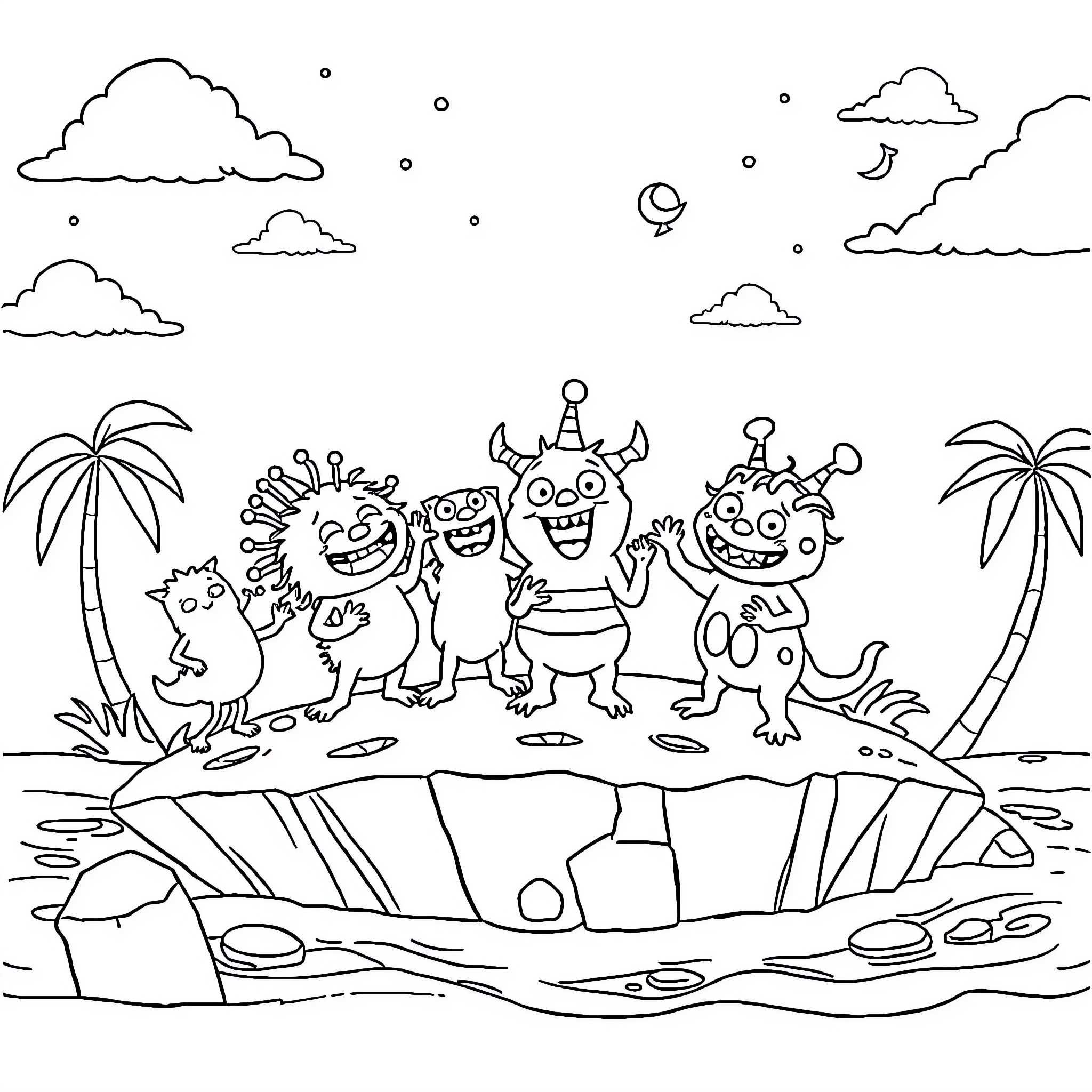 Monster friends having a beach party Coloring Page (free black-and-white line drawing printable PDF for all, from beginners to advanced learners, including children, teens, adults, and seniors)
