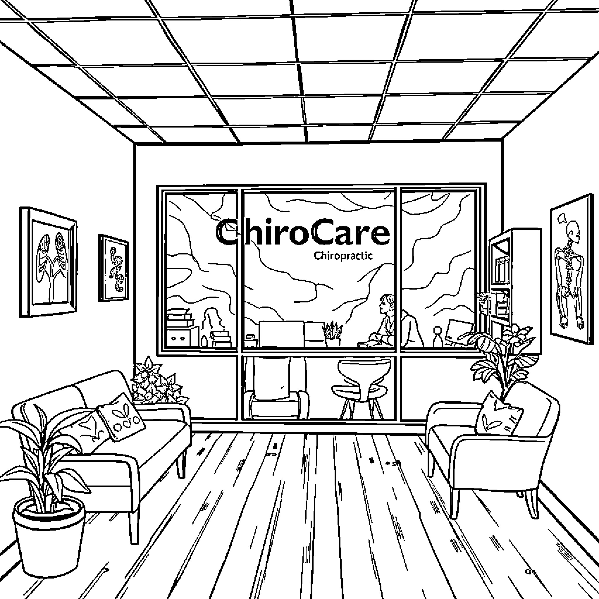 Chiropractic Office with Waiting Room and Decorative Elements Coloring Page (free black-and-white line drawing printable PDF for all, from beginners to advanced learners, including children, teens, adults, and seniors)