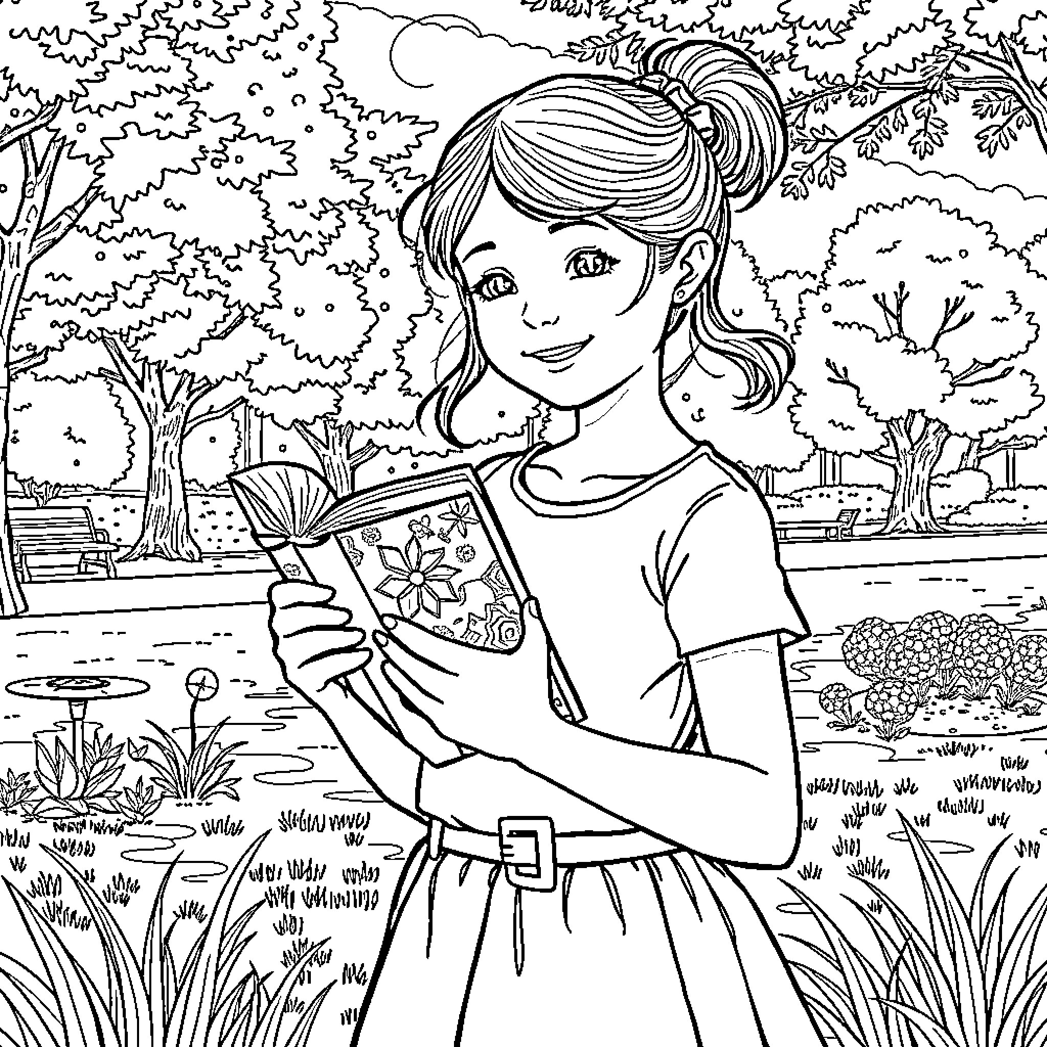 Girl reading a book in a garden Coloring Page (free black-and-white line drawing printable PDF for all, from beginners to advanced learners, including children, teens, adults, and seniors)