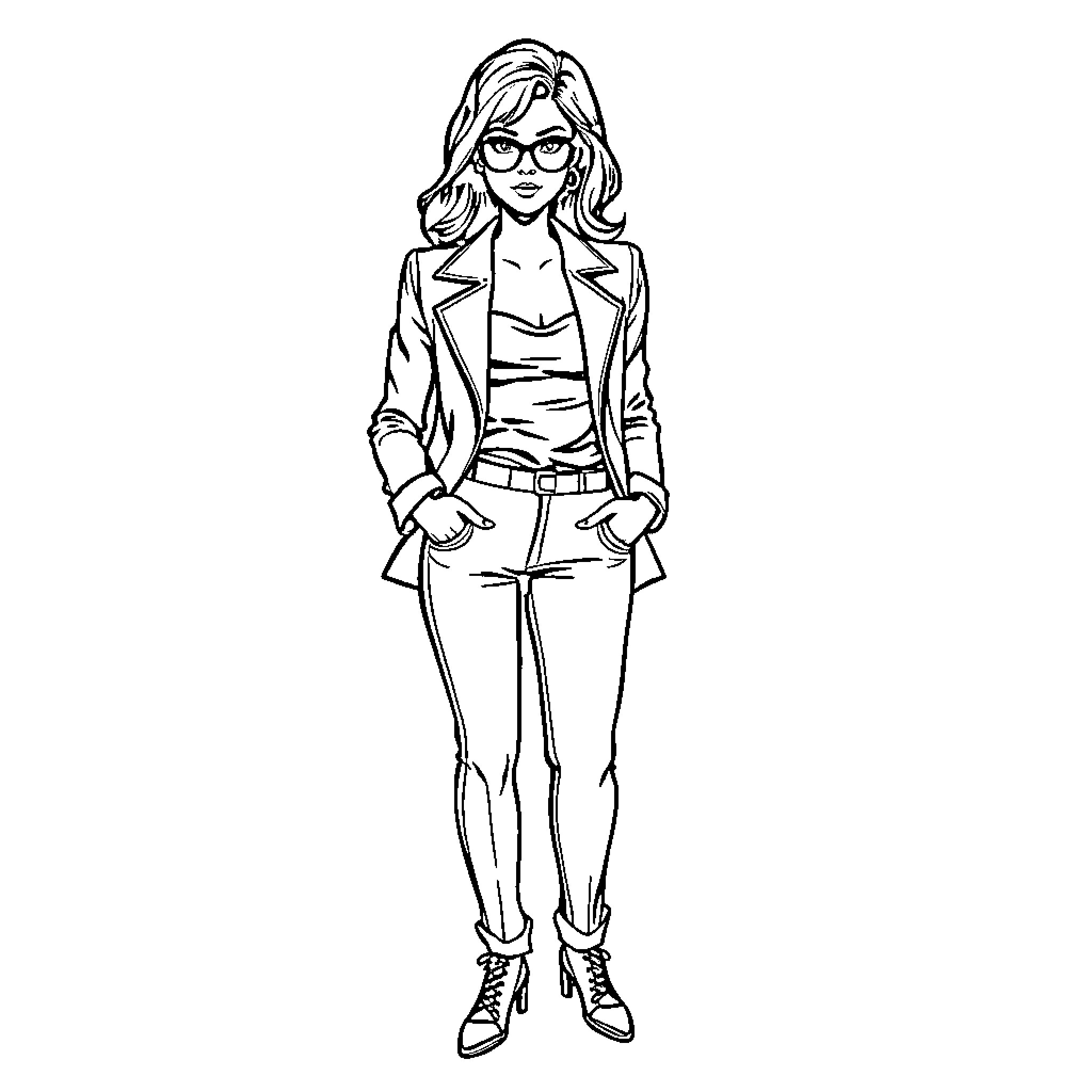 Woman in business attire with confident expression Coloring Page (free black-and-white line drawing printable PDF for all, from beginners to advanced learners, including children, teens, adults, and seniors)