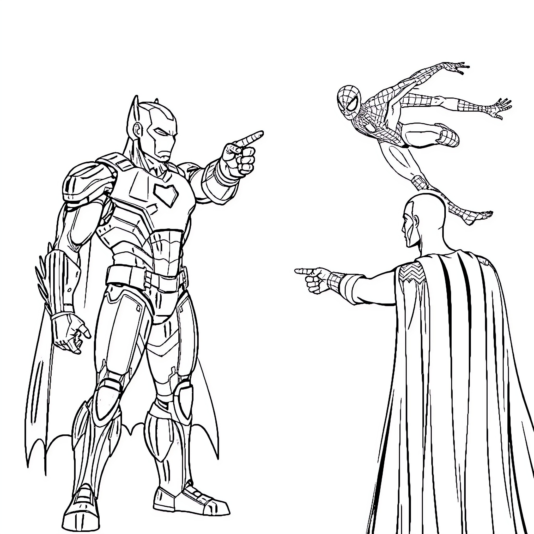 Batman's Heroic Encounter with Spiderman Coloring Page (free black-and-white line drawing printable PDF for all, from beginners to advanced learners, including children, teens, adults, and seniors)