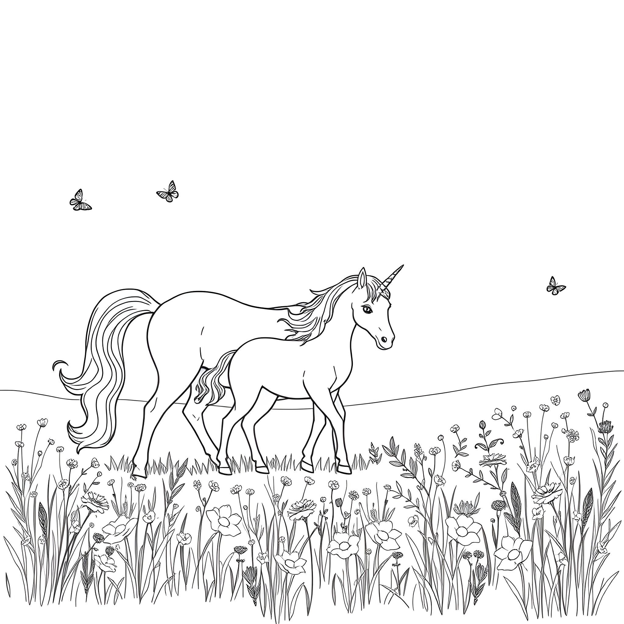 Unicorn prancing through a magical meadow Coloring Page (free black-and-white line drawing printable PDF for all, from beginners to advanced learners, including children, teens, adults, and seniors)