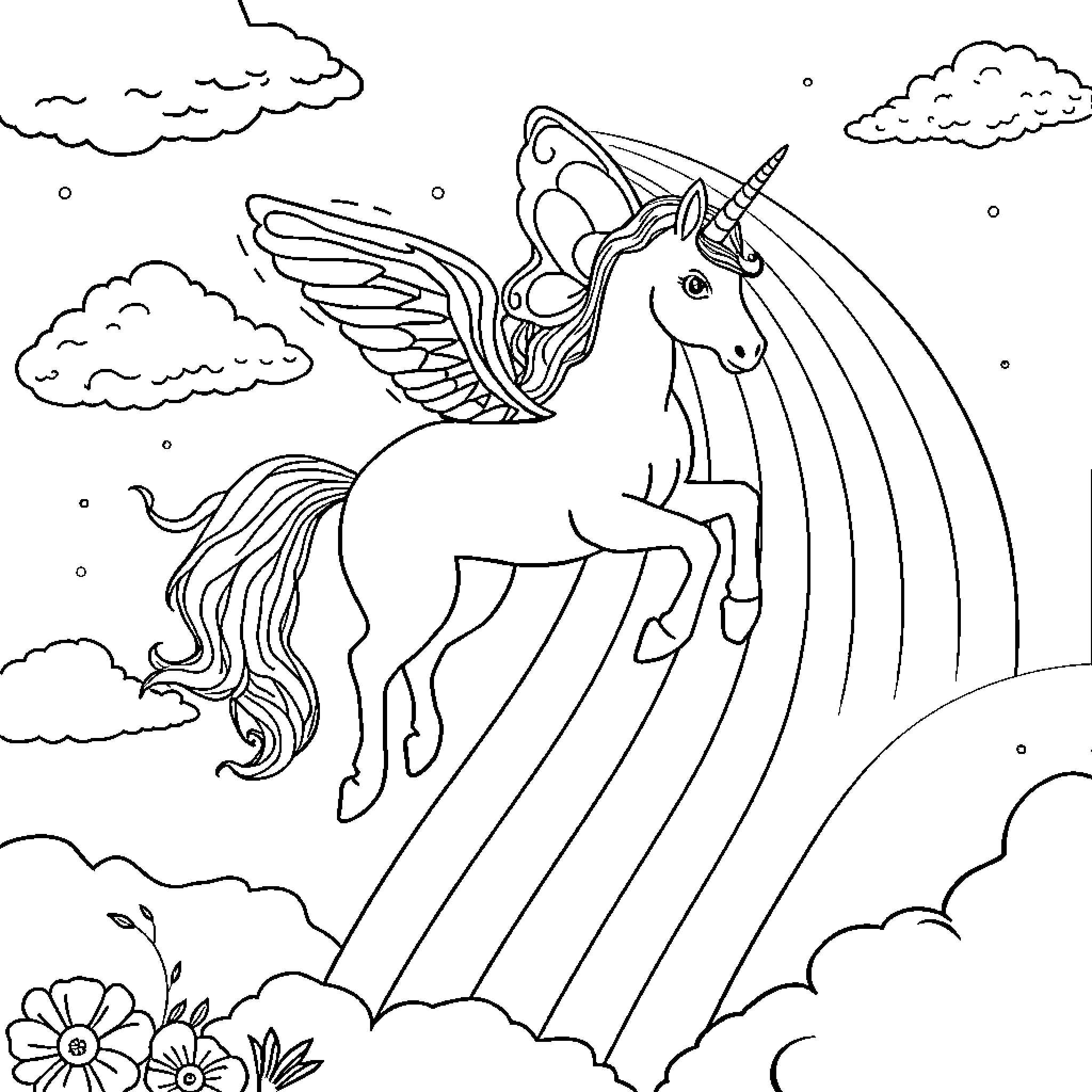Unicorn with wings soaring through the clouds Coloring Page (free black-and-white line drawing printable PDF for all, from beginners to advanced learners, including children, teens, adults, and seniors)