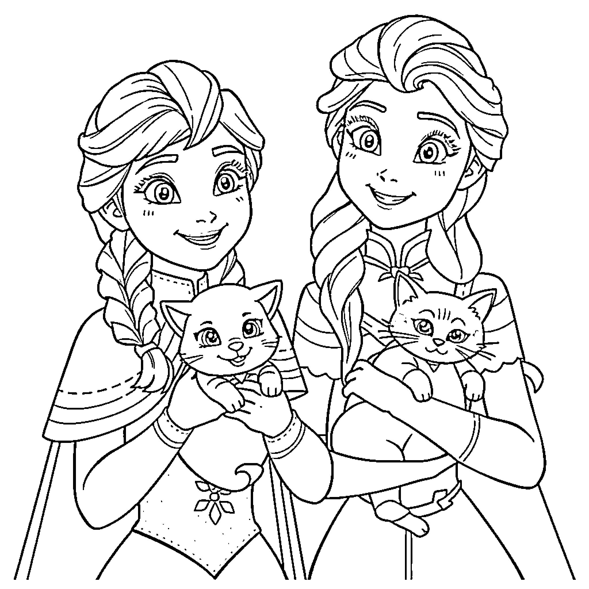 Anna and Elsa Posing with Adorable Kittens Coloring Page (free black-and-white line drawing printable PDF for all, from beginners to advanced learners, including children, teens, adults, and seniors)