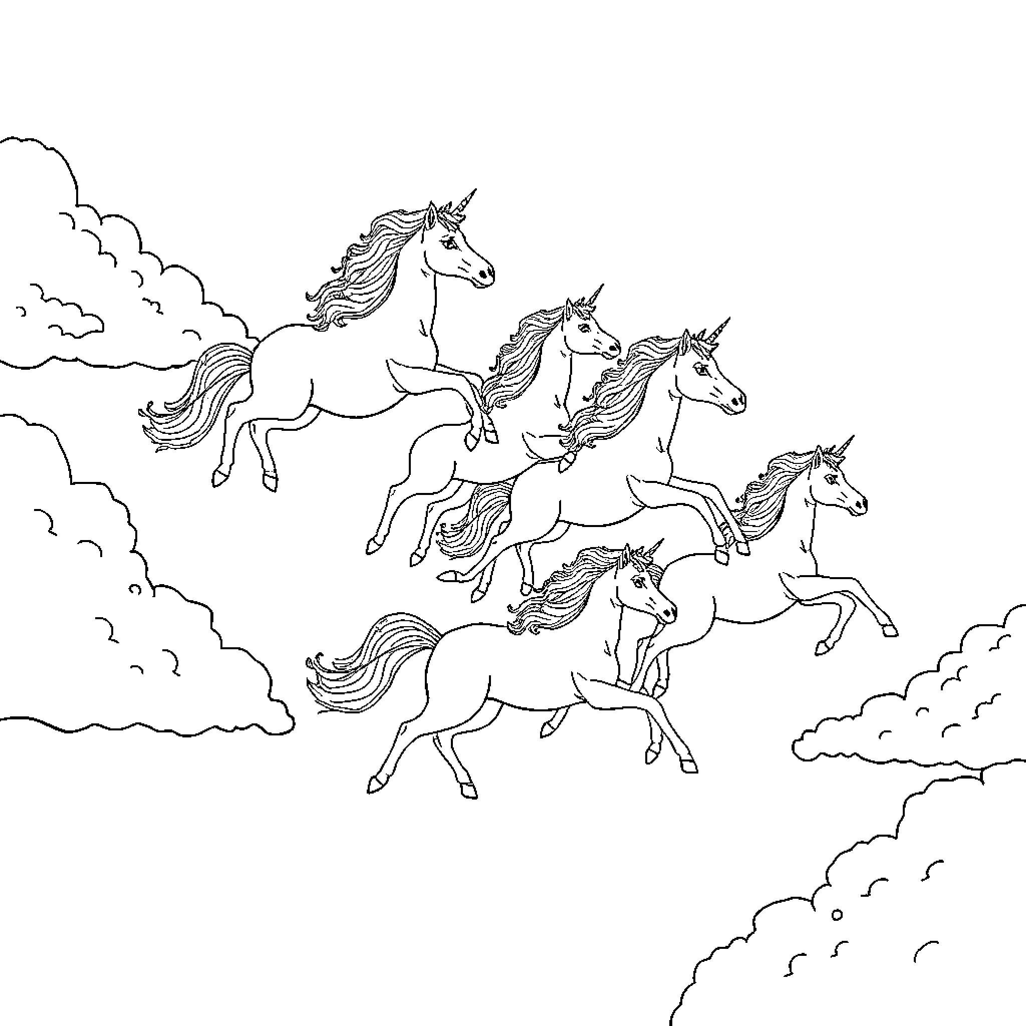 Unicorn herd galloping through the cloudy sky Coloring Page (free black-and-white line drawing printable PDF for all, from beginners to advanced learners, including children, teens, adults, and seniors)