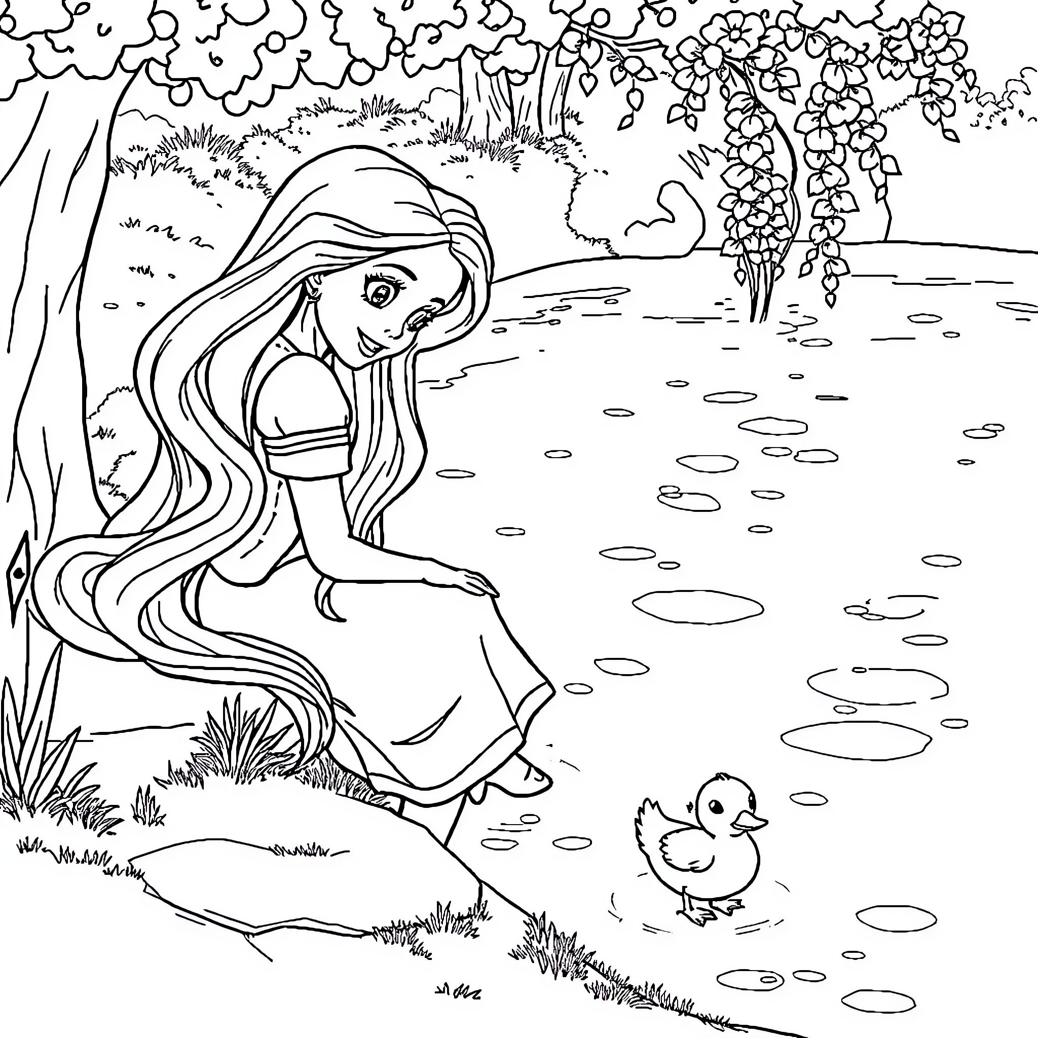 Rapunzel exploring the enchanted forest with a duck Coloring Page (free black-and-white line drawing printable PDF for all, from beginners to advanced learners, including children, teens, adults, and seniors)