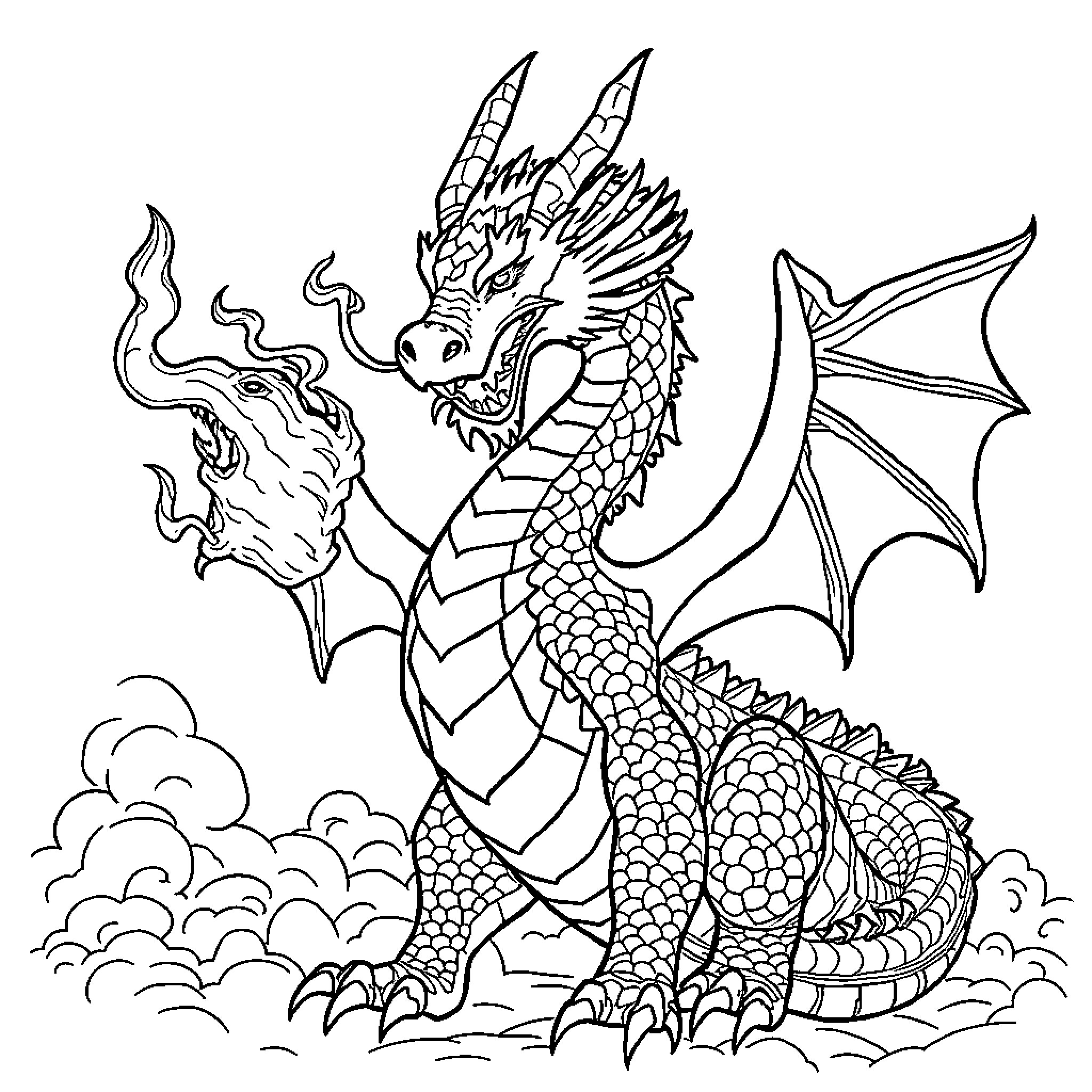 Dragon breathing fire amidst clouds Coloring Page (free black-and-white line drawing printable PDF for all, from beginners to advanced learners, including children, teens, adults, and seniors)
