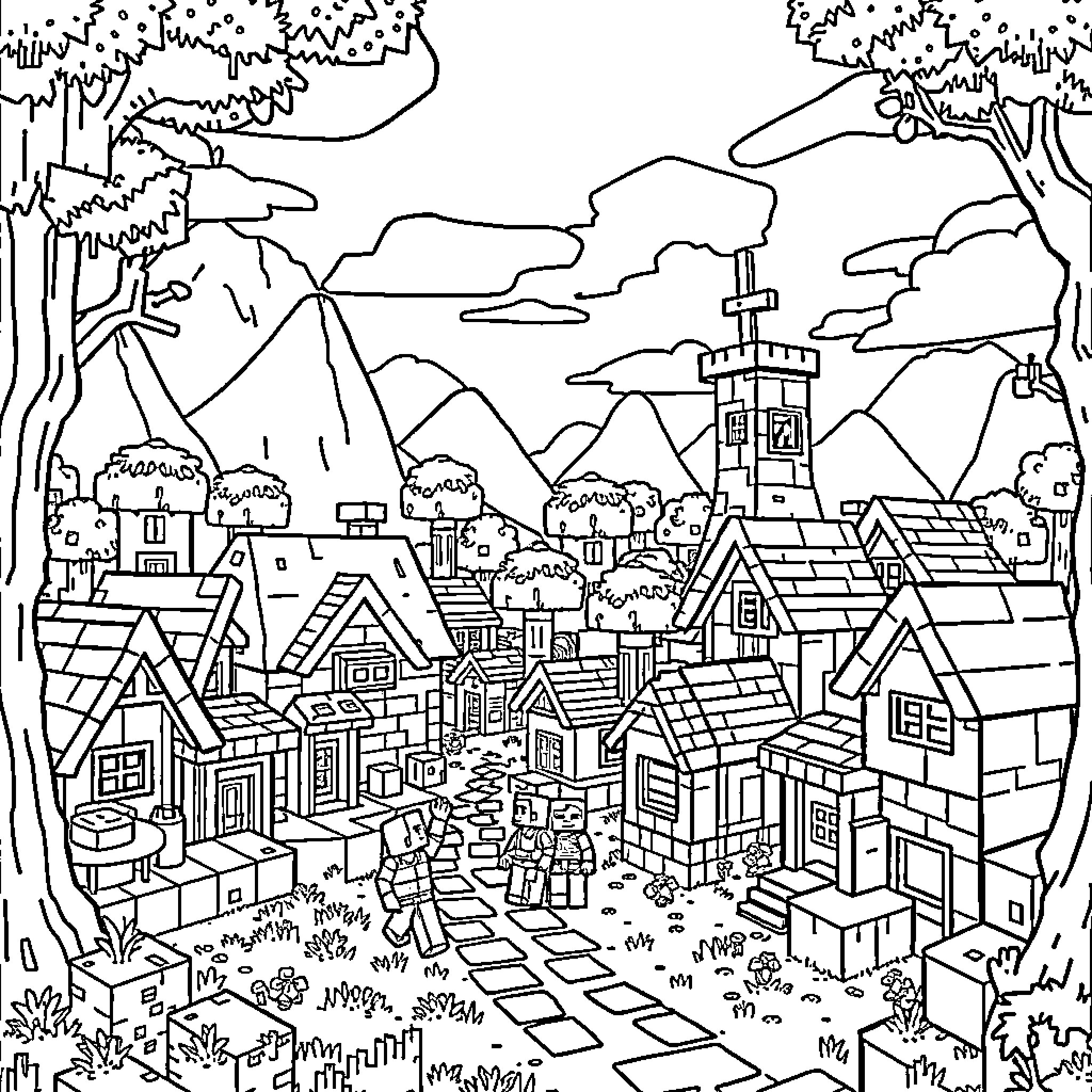 Minecraft village with detailed buildings and landscapes Coloring Page (free black-and-white line drawing printable PDF for all, from beginners to advanced learners, including children, teens, adults, and seniors)