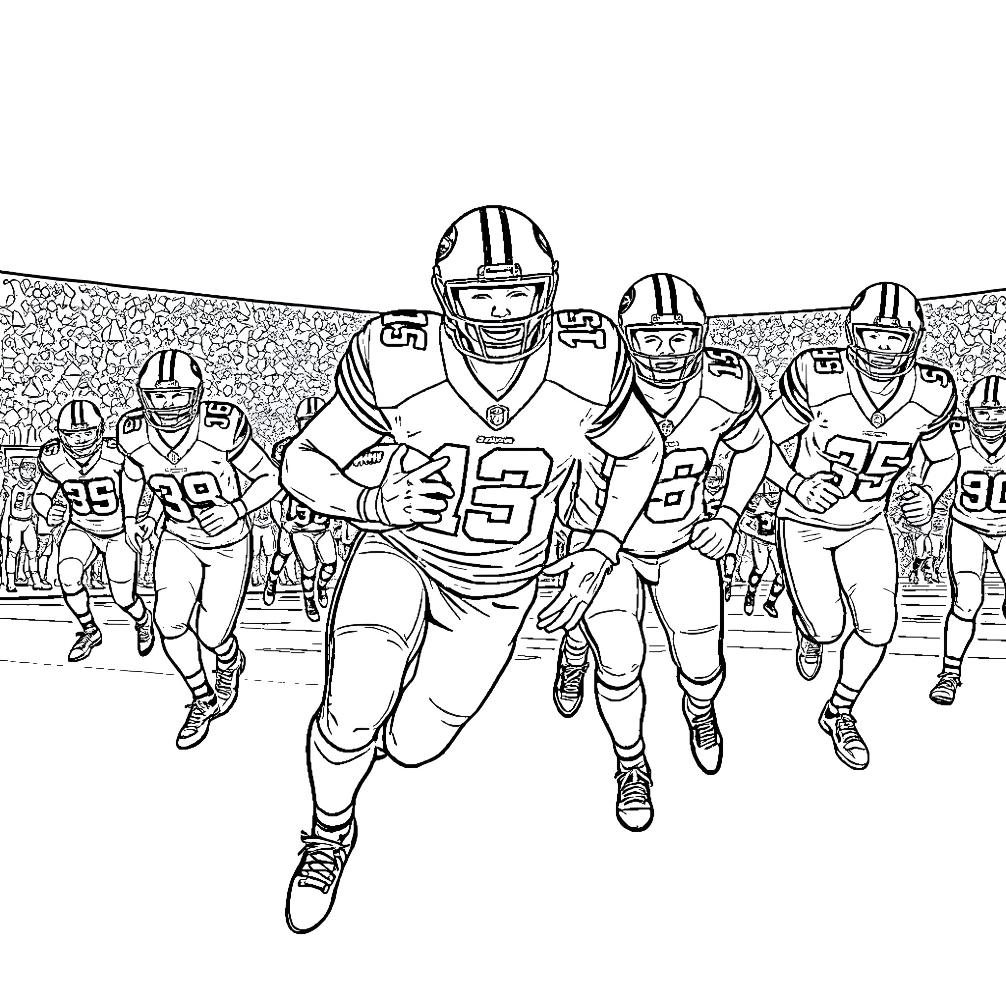49ers football players in action on the field Coloring Page (free black-and-white line drawing printable PDF for all, from beginners to advanced learners, including children, teens, adults, and seniors)