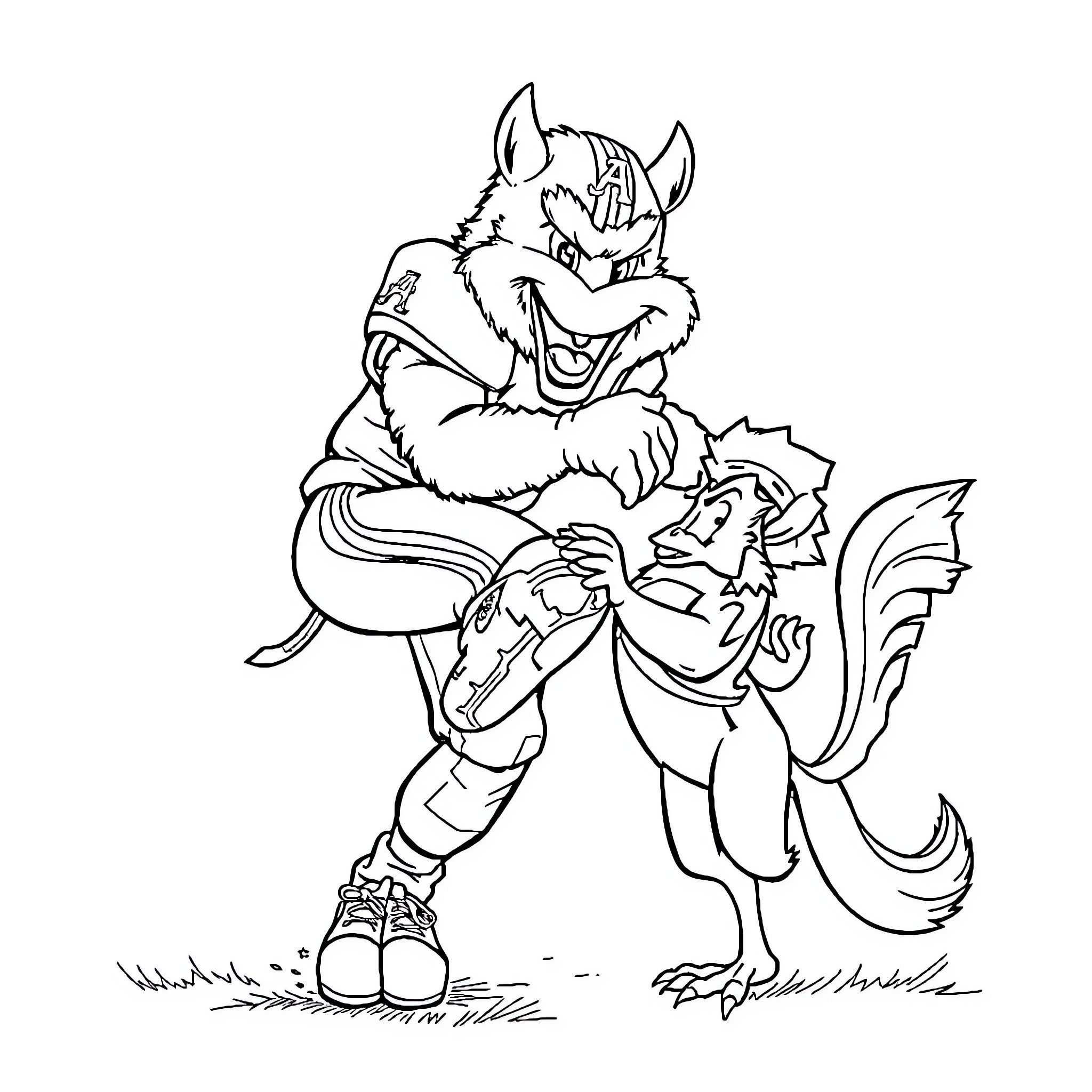 Mascot furry character in playful stance Coloring Page (free black-and-white line drawing printable PDF for all, from beginners to advanced learners, including children, teens, adults, and seniors)