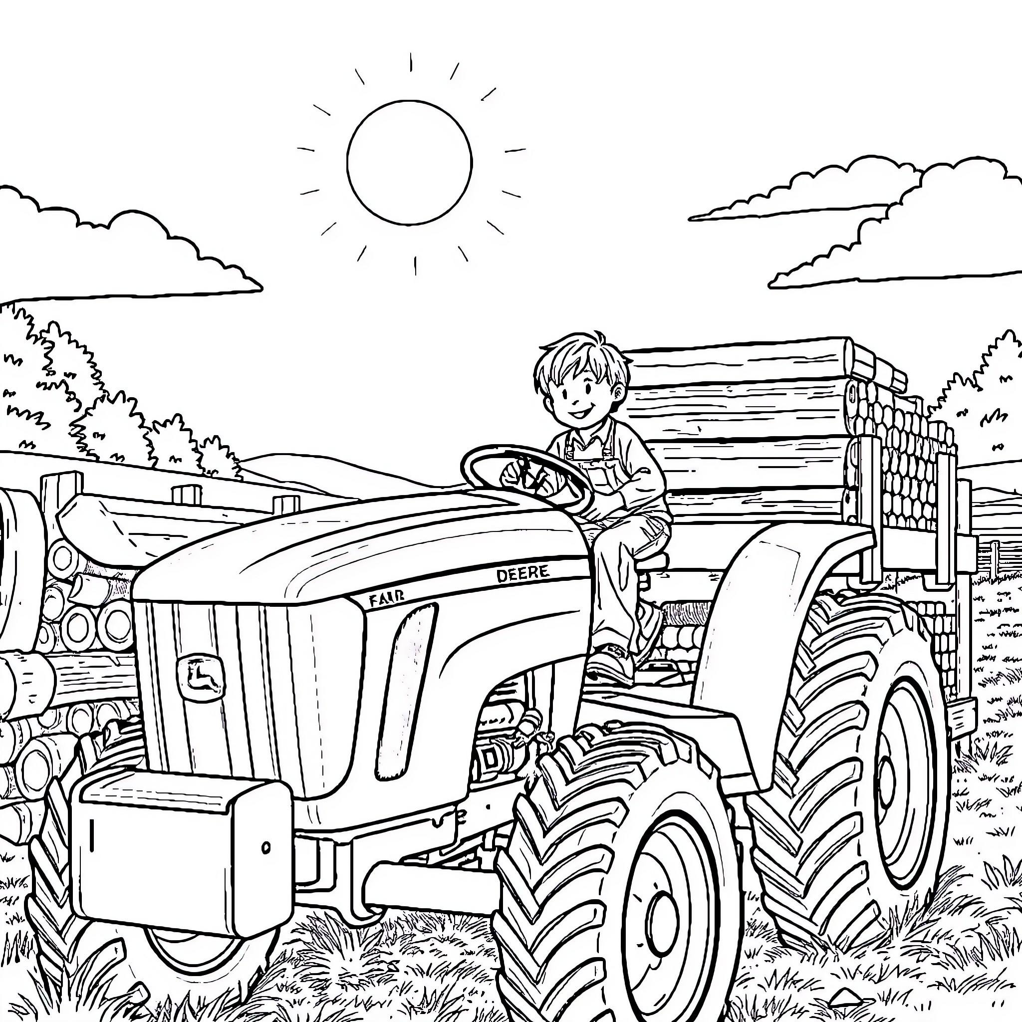 John Deere Tractor Driving on the Farm Coloring Page (free black-and-white line drawing printable PDF for all, from beginners to advanced learners, including children, teens, adults, and seniors)
