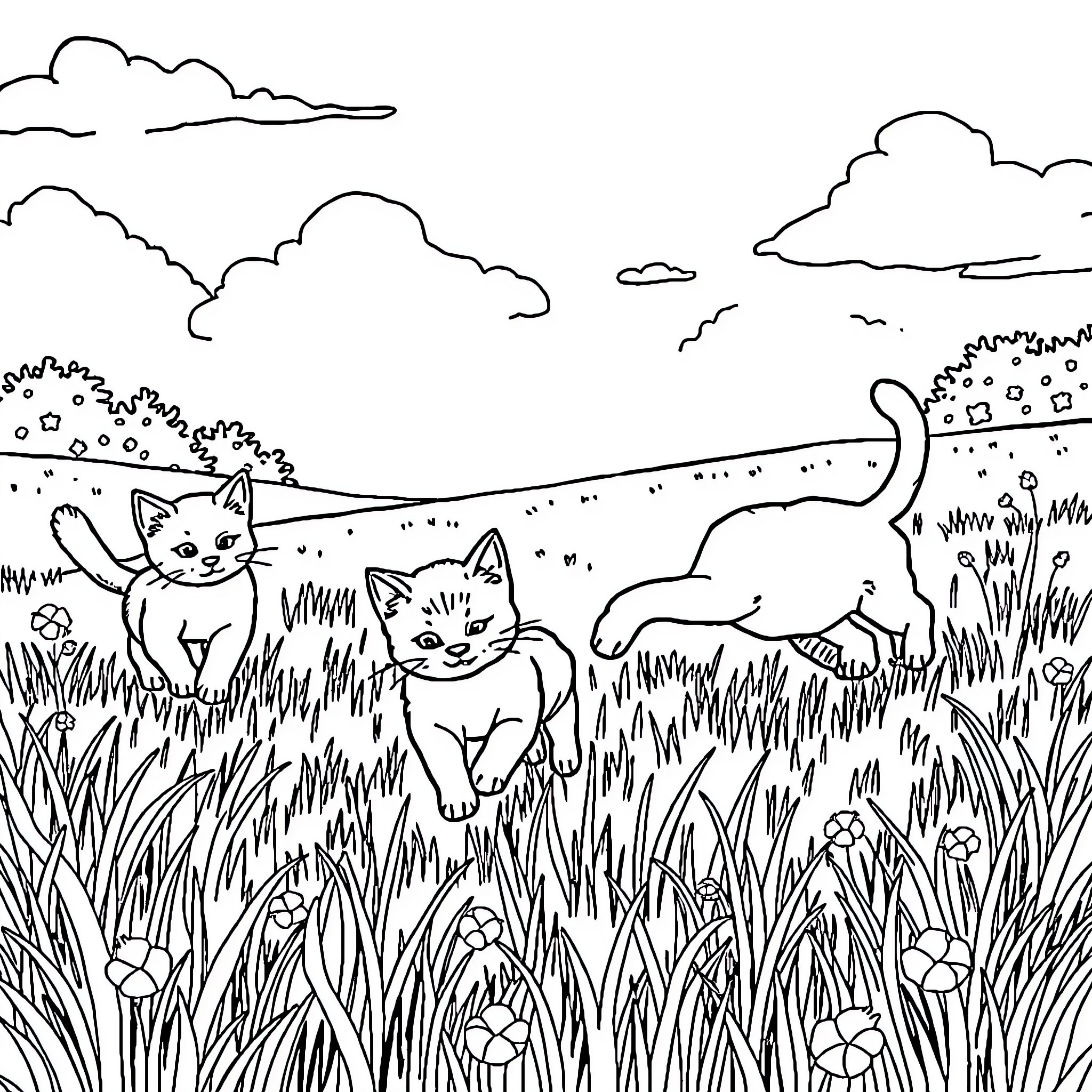 Cats Exploring the Grassy Outdoors Coloring Page (free black-and-white line drawing printable PDF for all, from beginners to advanced learners, including children, teens, adults, and seniors)