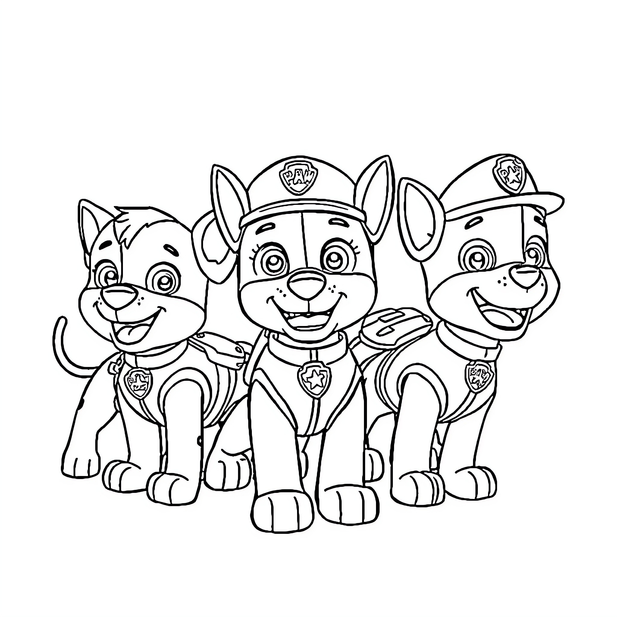 Paw Patrol pups in uniform ready for action Coloring Page (free black-and-white line drawing printable PDF for all, from beginners to advanced learners, including children, teens, adults, and seniors)