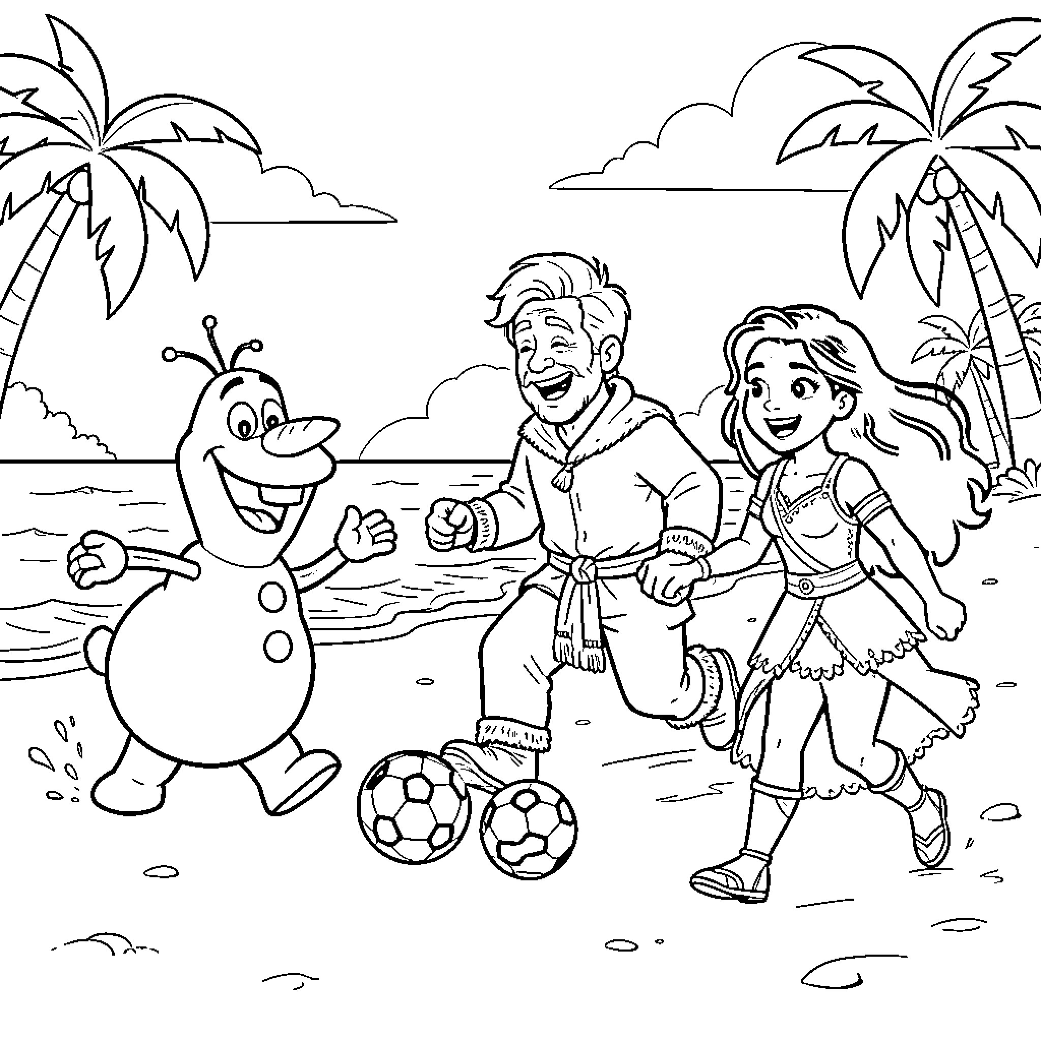 Olaf enjoying a sunny day with friends on the beach Coloring Page (free black-and-white line drawing printable PDF for all, from beginners to advanced learners, including children, teens, adults, and seniors)
