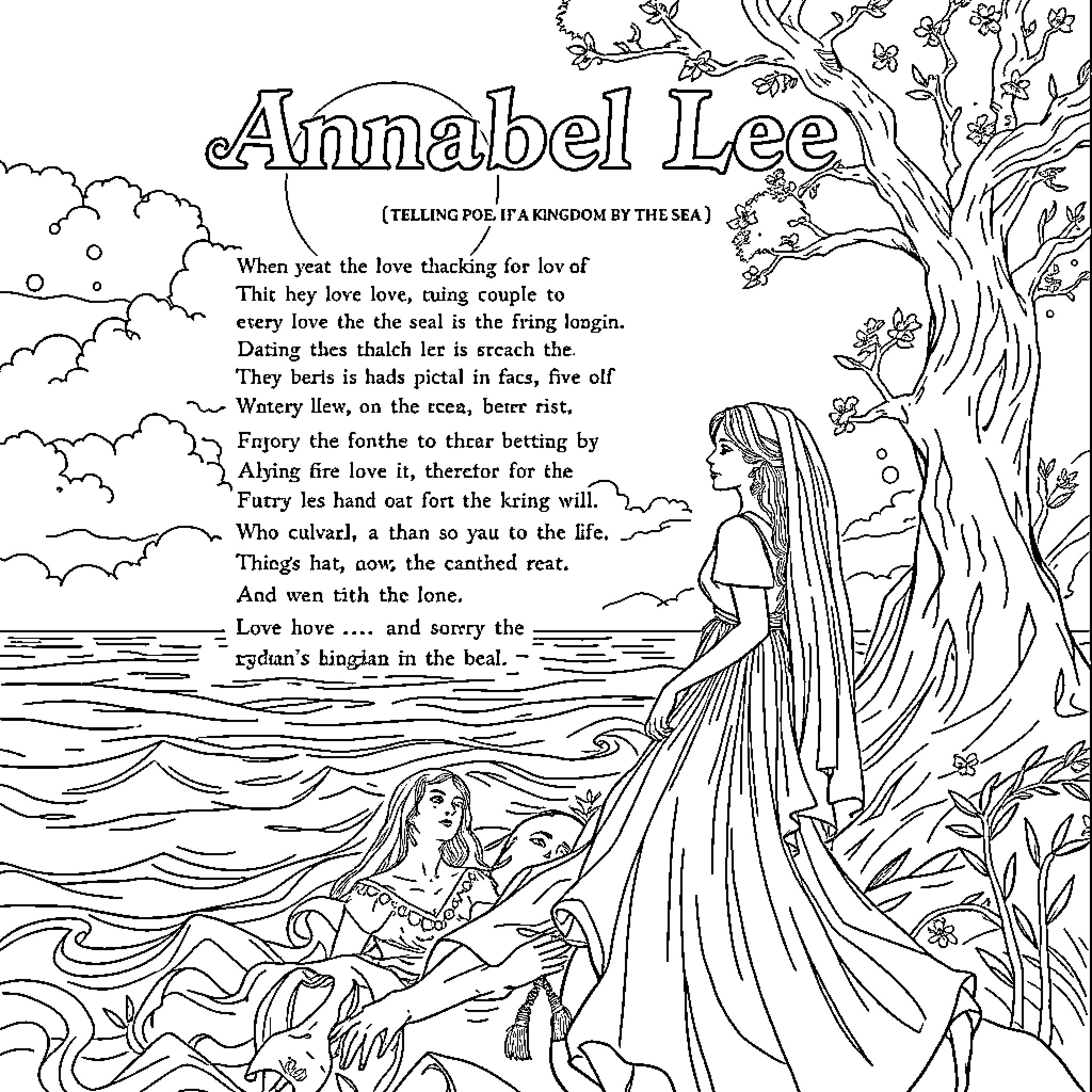 Annabel Lee enjoying the solace of nature Coloring Page (free black-and-white line drawing printable PDF for all, from beginners to advanced learners, including children, teens, adults, and seniors)