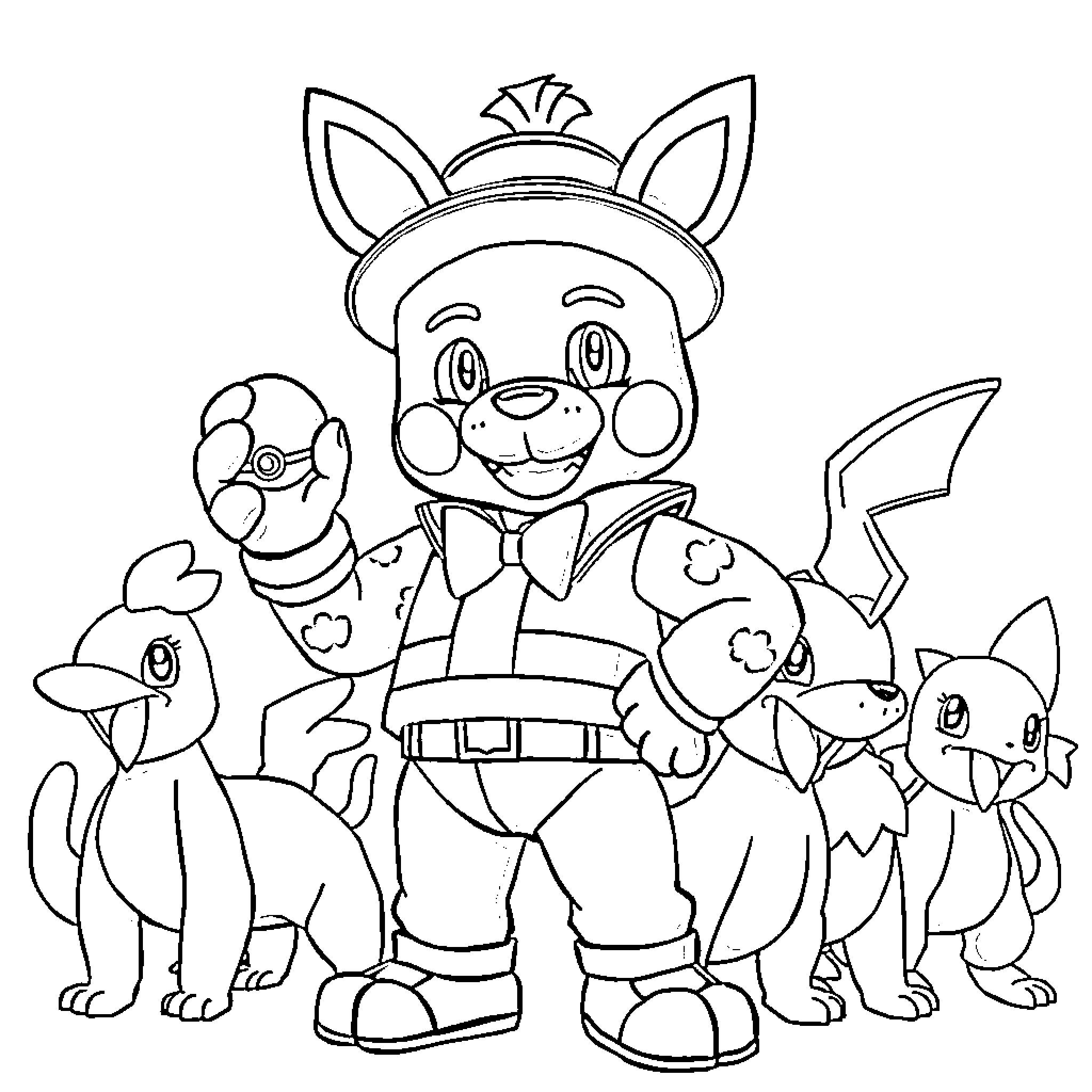 Freddy Fazbear and friends in an animated adventure Coloring Page (free black-and-white line drawing printable PDF for all, from beginners to advanced learners, including children, teens, adults, and seniors)