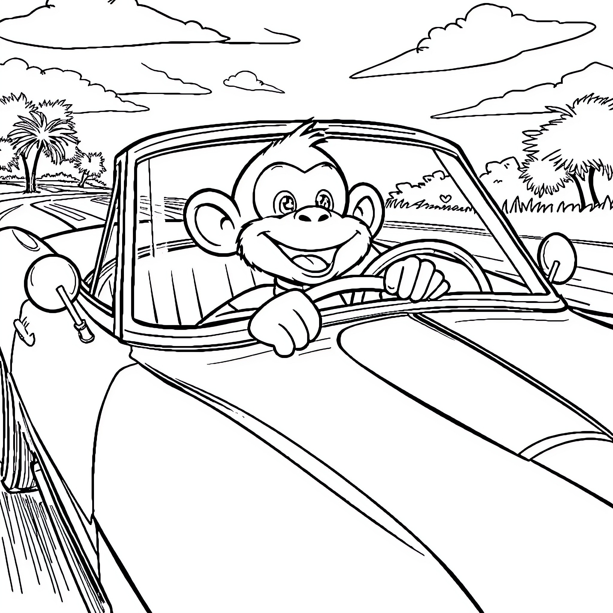 Monkeyboy's Roadtrip Adventure Coloring Page (free black-and-white line drawing printable PDF for all, from beginners to advanced learners, including children, teens, adults, and seniors)