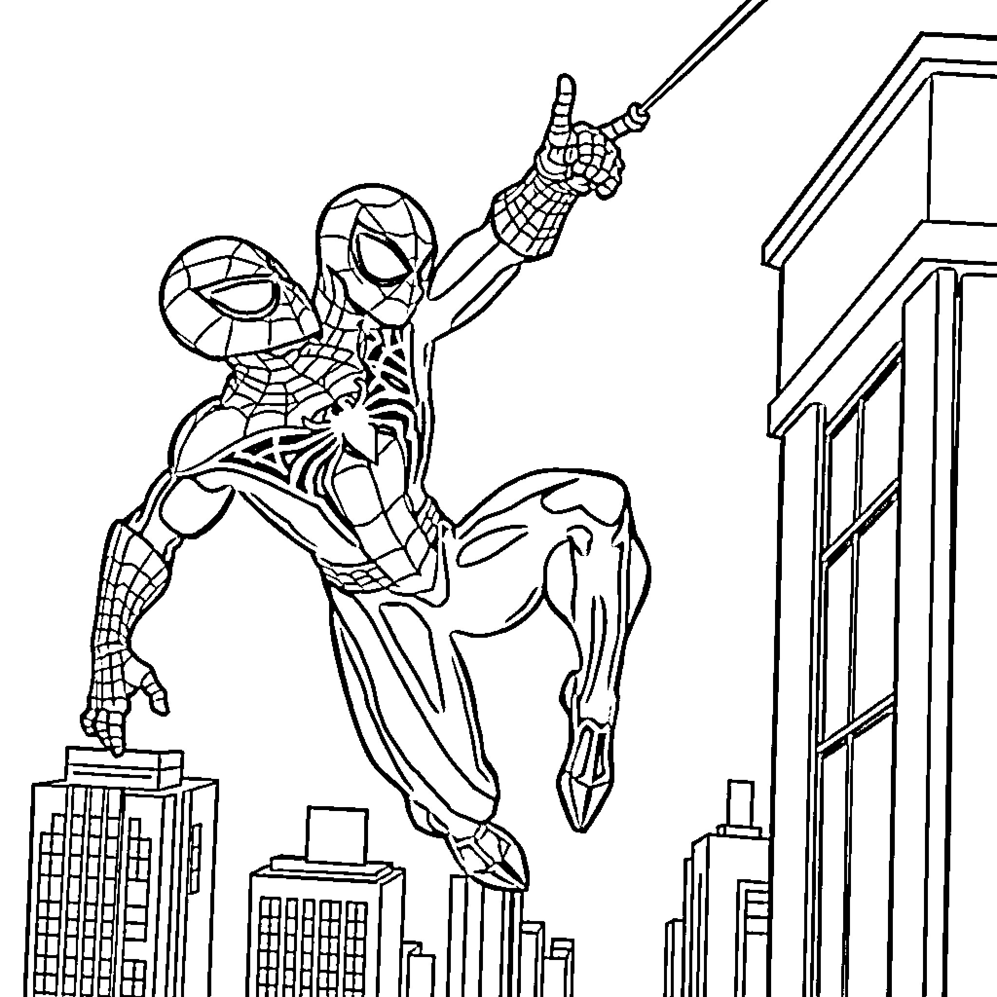 Spiderman swinging through the city skyline Coloring Page (free black-and-white line drawing printable PDF for all, from beginners to advanced learners, including children, teens, adults, and seniors)
