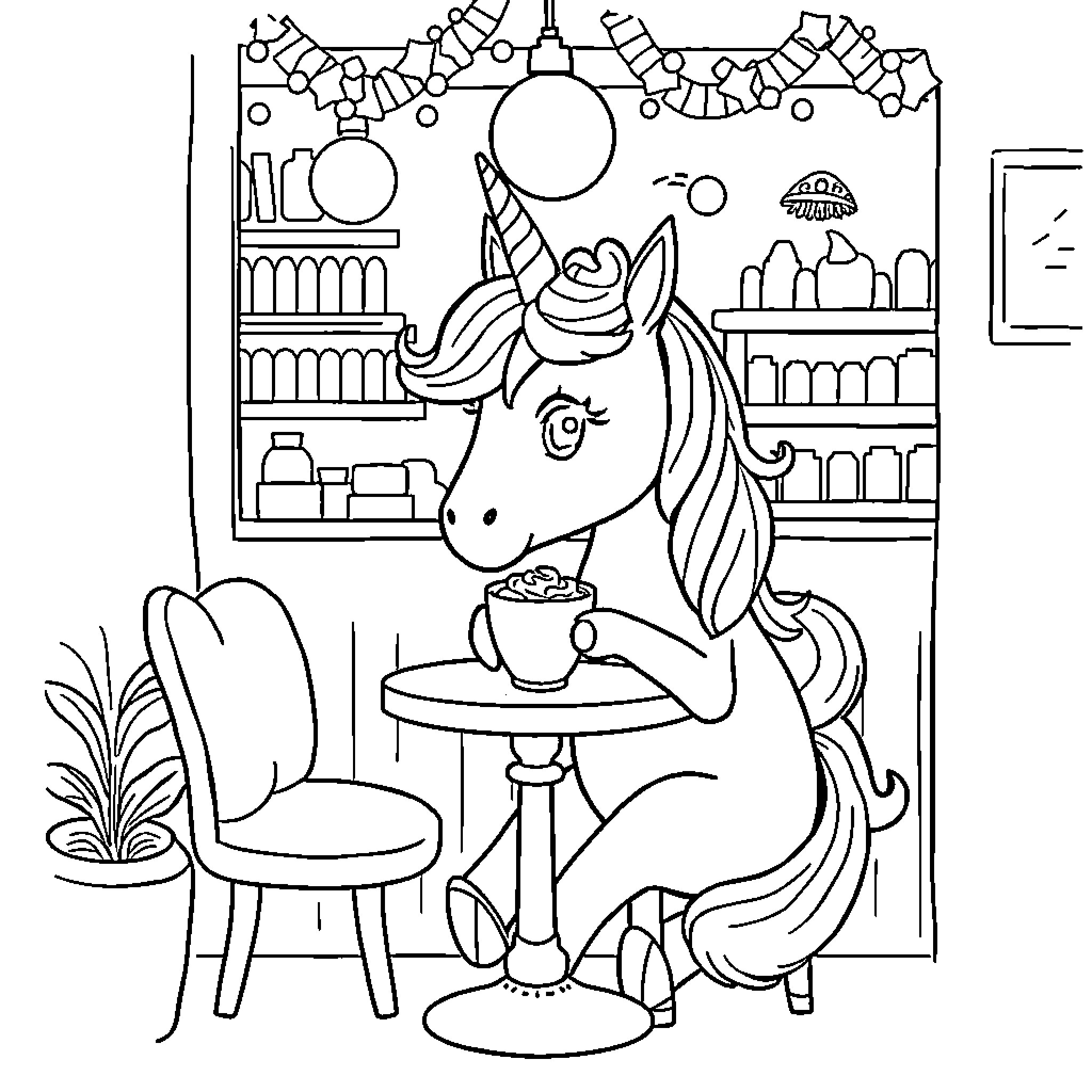 Unicorn enjoying a cozy cafe setting Coloring Page (free black-and-white line drawing printable PDF for all, from beginners to advanced learners, including children, teens, adults, and seniors)