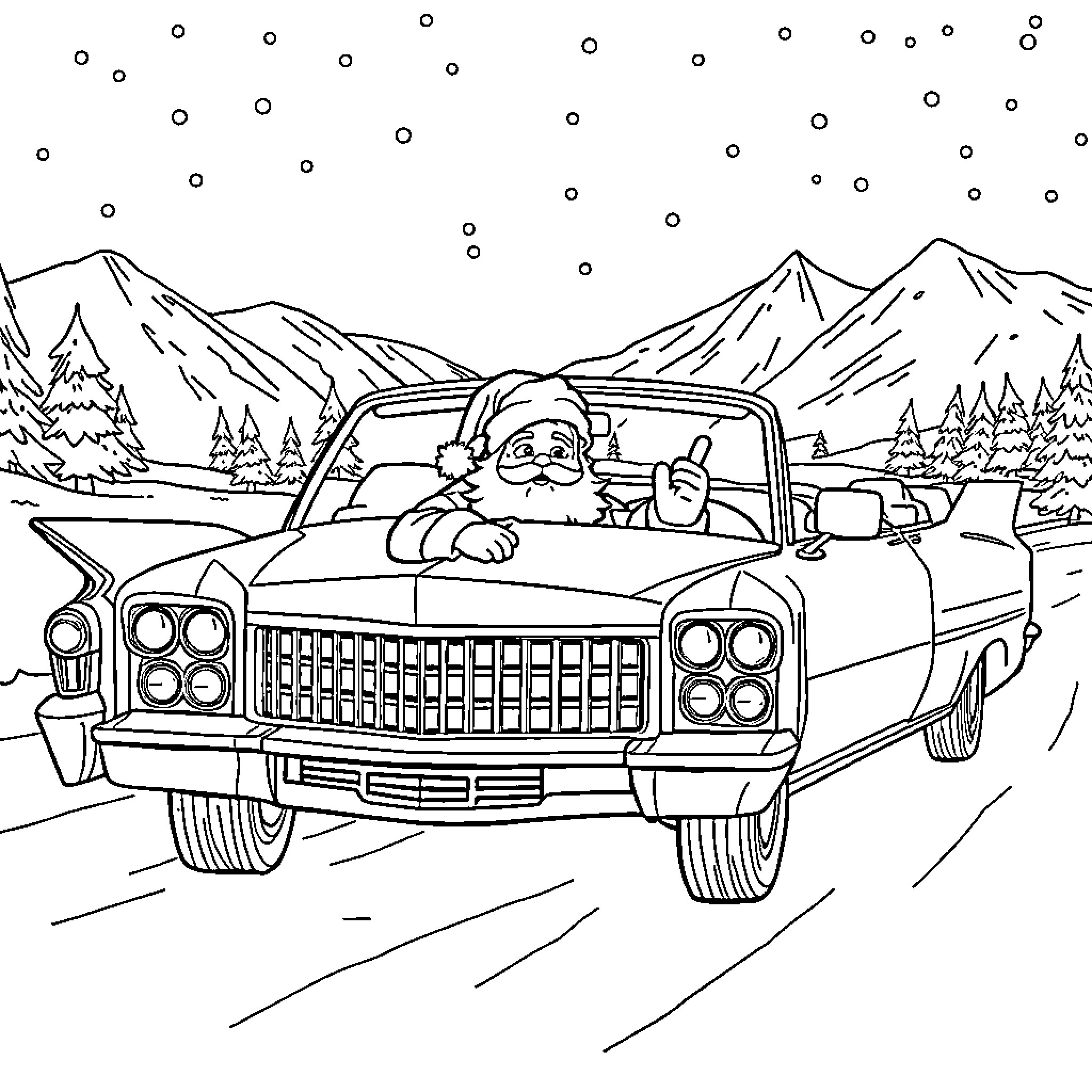 Santa driving vintage car through snowy mountain landscape Coloring Page (free black-and-white line drawing printable PDF for all, from beginners to advanced learners, including children, teens, adults, and seniors)