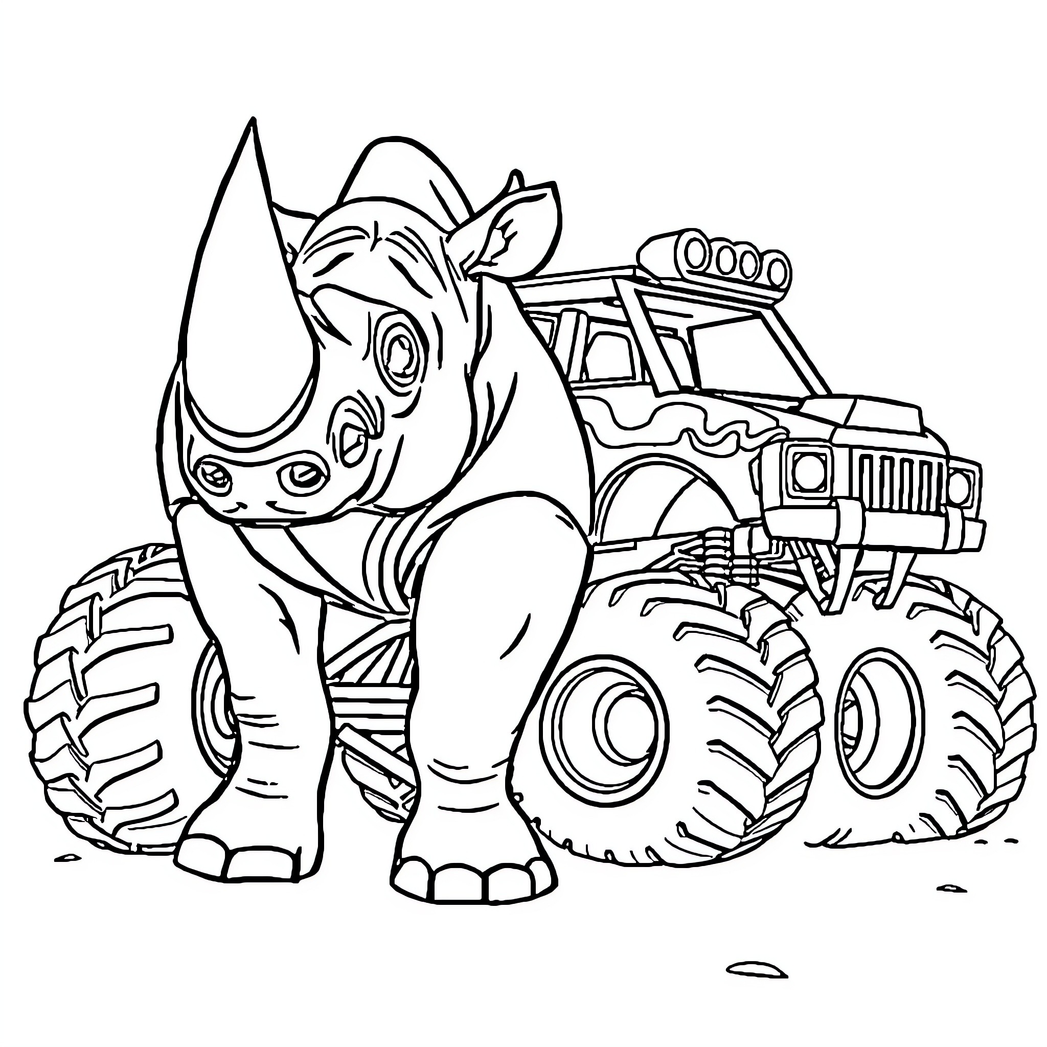 Rhino Riding a Monster Truck in the Wild Coloring Page (free black-and-white line drawing printable PDF for all, from beginners to advanced learners, including children, teens, adults, and seniors)