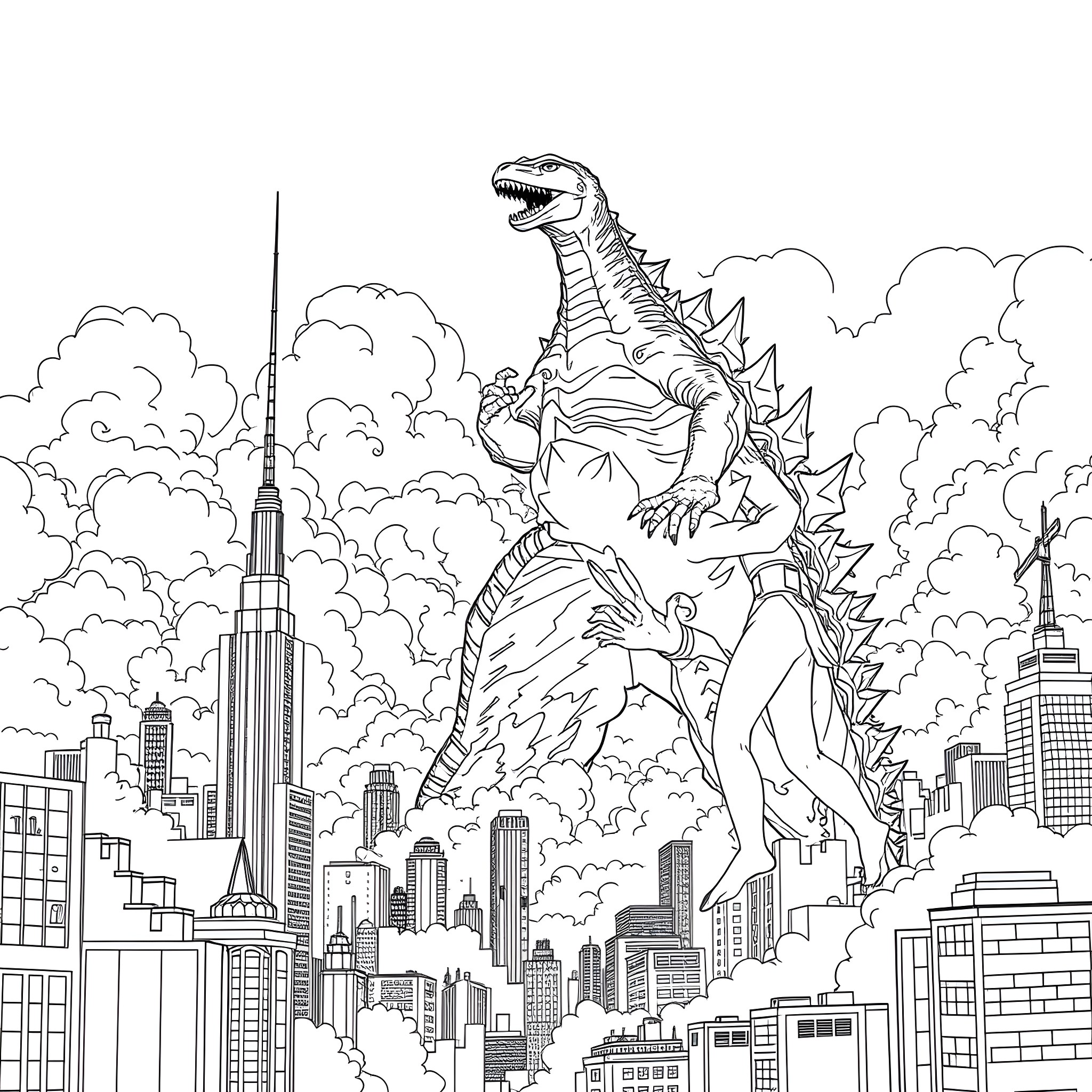 Godzilla rampaging through the city skyline Coloring Page (free black-and-white line drawing printable PDF for all, from beginners to advanced learners, including children, teens, adults, and seniors)