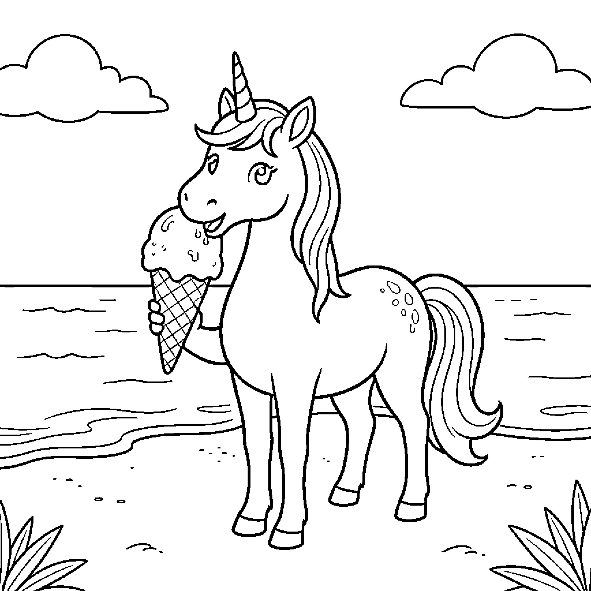 Unicorn eating an ice cream cone at the beach Coloring Page (free black-and-white line drawing printable PDF for all, from beginners to advanced learners, including children, teens, adults, and seniors)