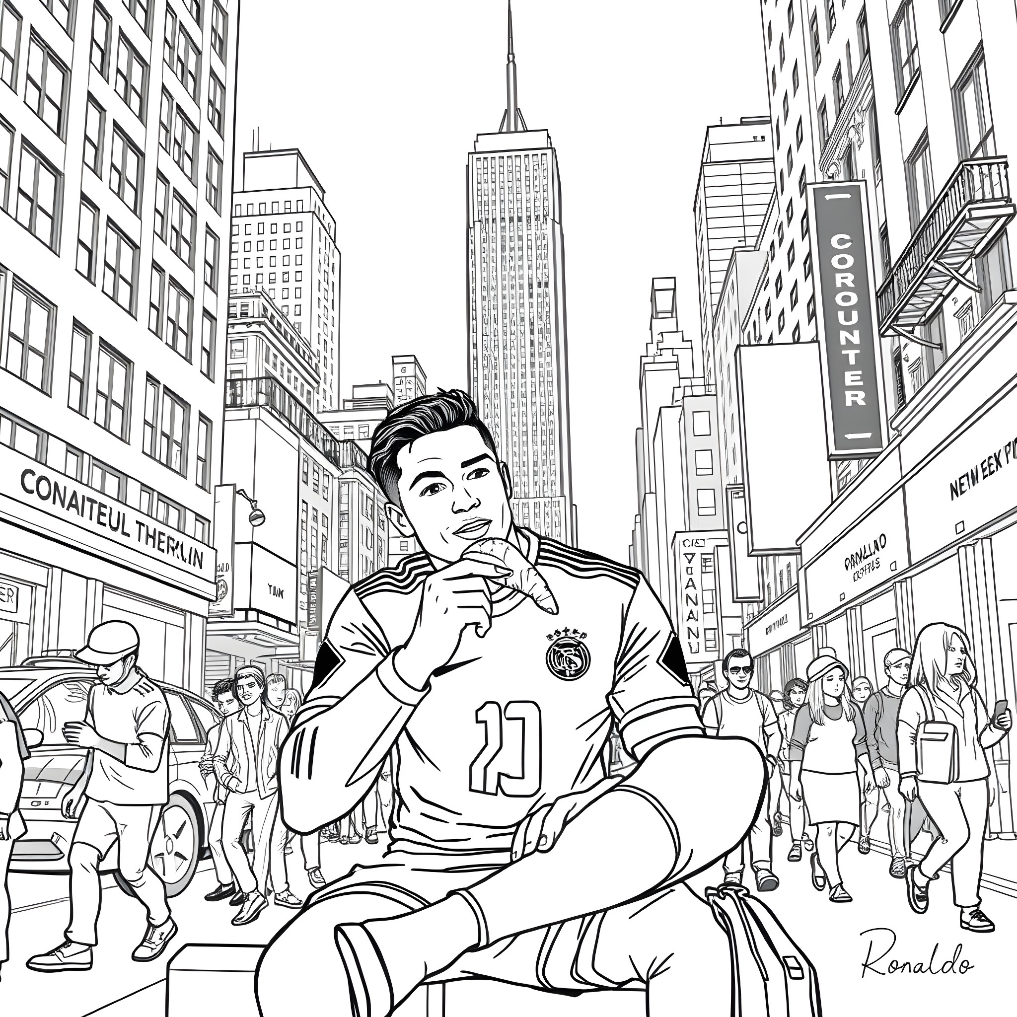 Ronaldo sitting contemplatively in a bustling city Coloring Page (free black-and-white line drawing printable PDF for all, from beginners to advanced learners, including children, teens, adults, and seniors)
