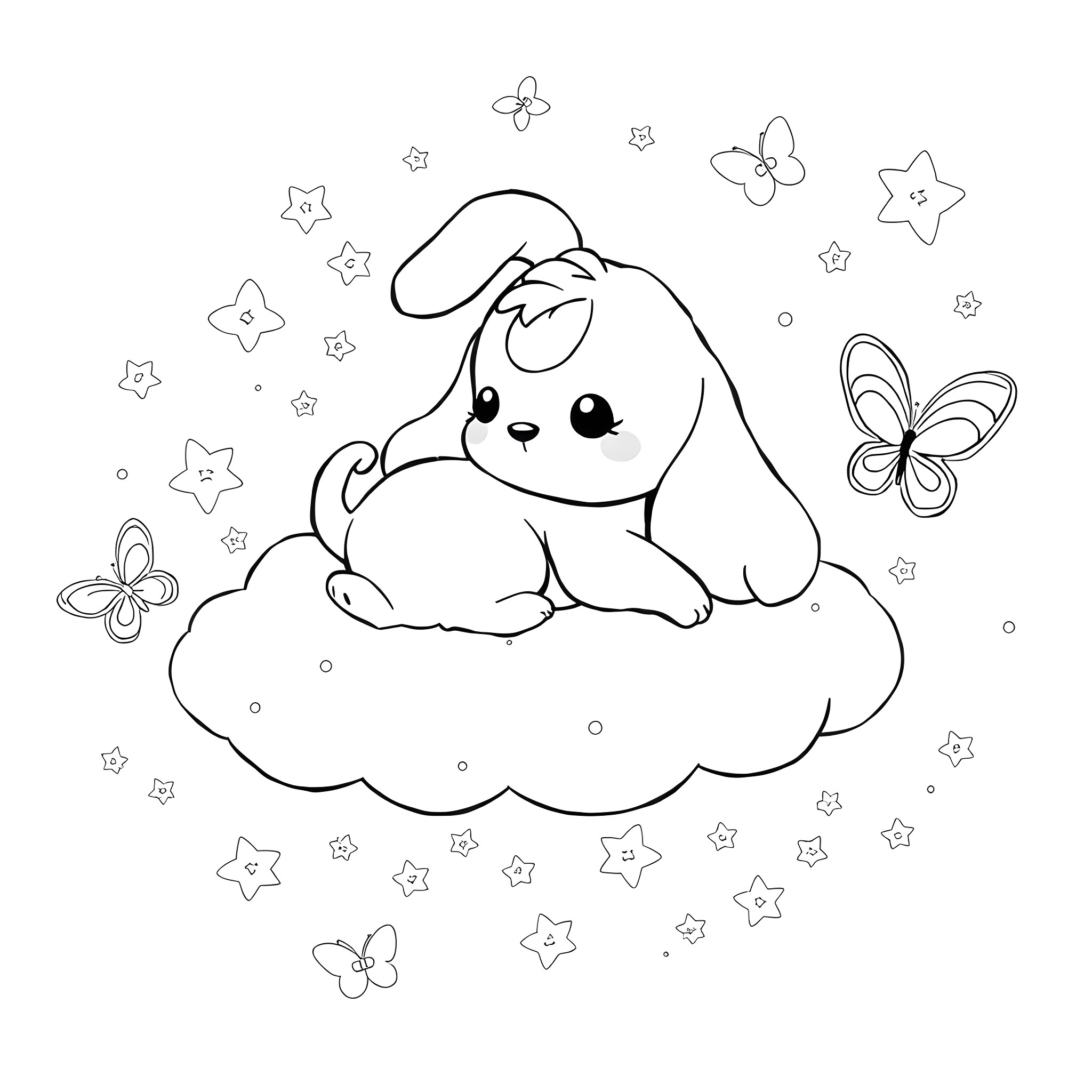 Cinnamoroll sitting on a cloud with butterflies Coloring Page (free black-and-white line drawing printable PDF for all, from beginners to advanced learners, including children, teens, adults, and seniors)