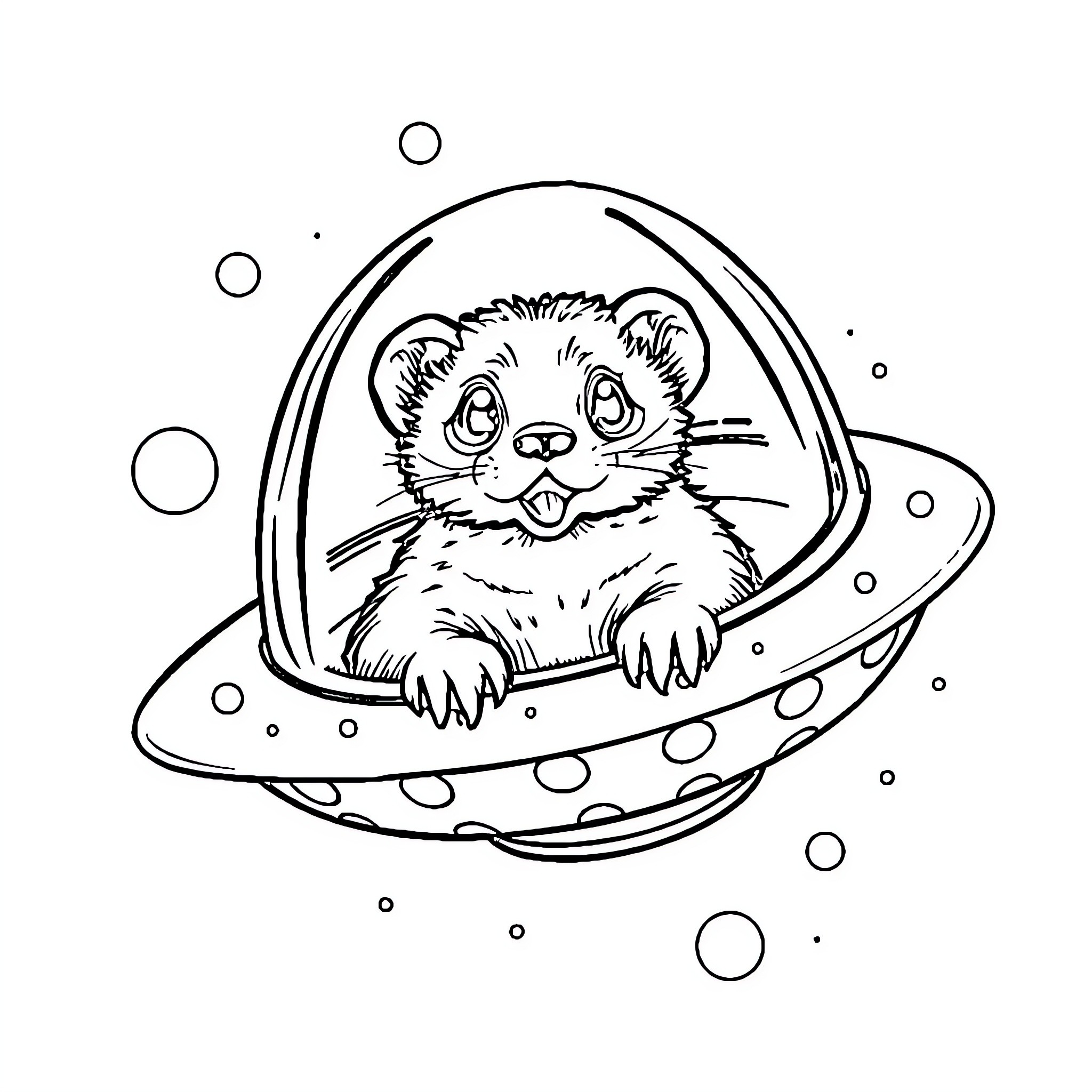 Ferret exploring in a spacecraft Coloring Page (free black-and-white line drawing printable PDF for all, from beginners to advanced learners, including children, teens, adults, and seniors)