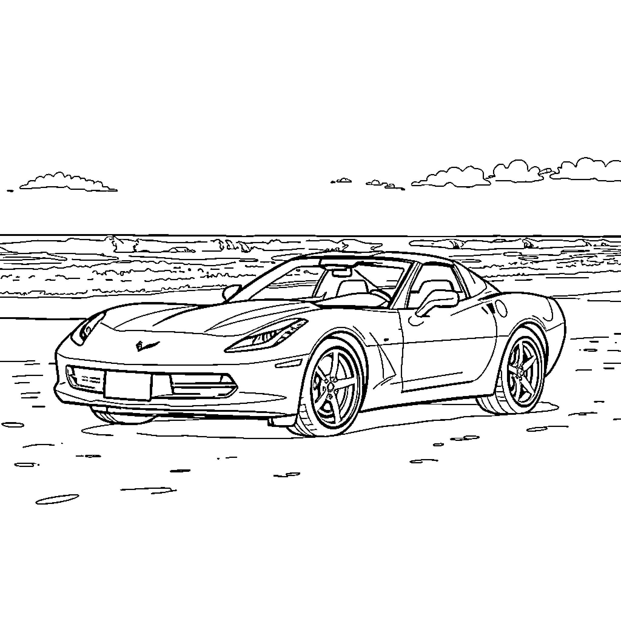 Corvette speeding down the beach Coloring Page (free black-and-white line drawing printable PDF for all, from beginners to advanced learners, including children, teens, adults, and seniors)