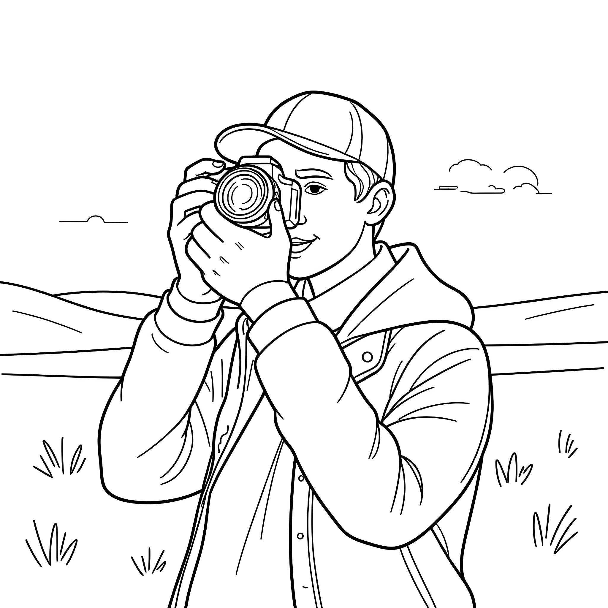 Photographer capturing nature's beauty in the field Coloring Page (free black-and-white line drawing printable PDF for all, from beginners to advanced learners, including children, teens, adults, and seniors)