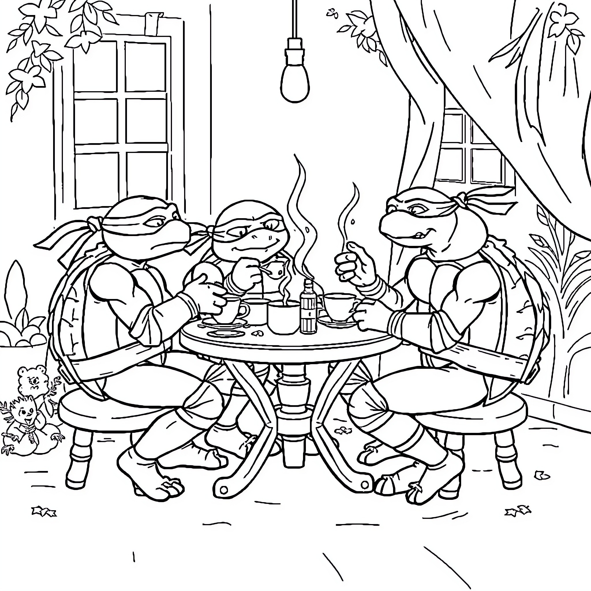 Teenage Mutant Ninja Turtles having a cozy gathering Coloring Page (free black-and-white line drawing printable PDF for all, from beginners to advanced learners, including children, teens, adults, and seniors)