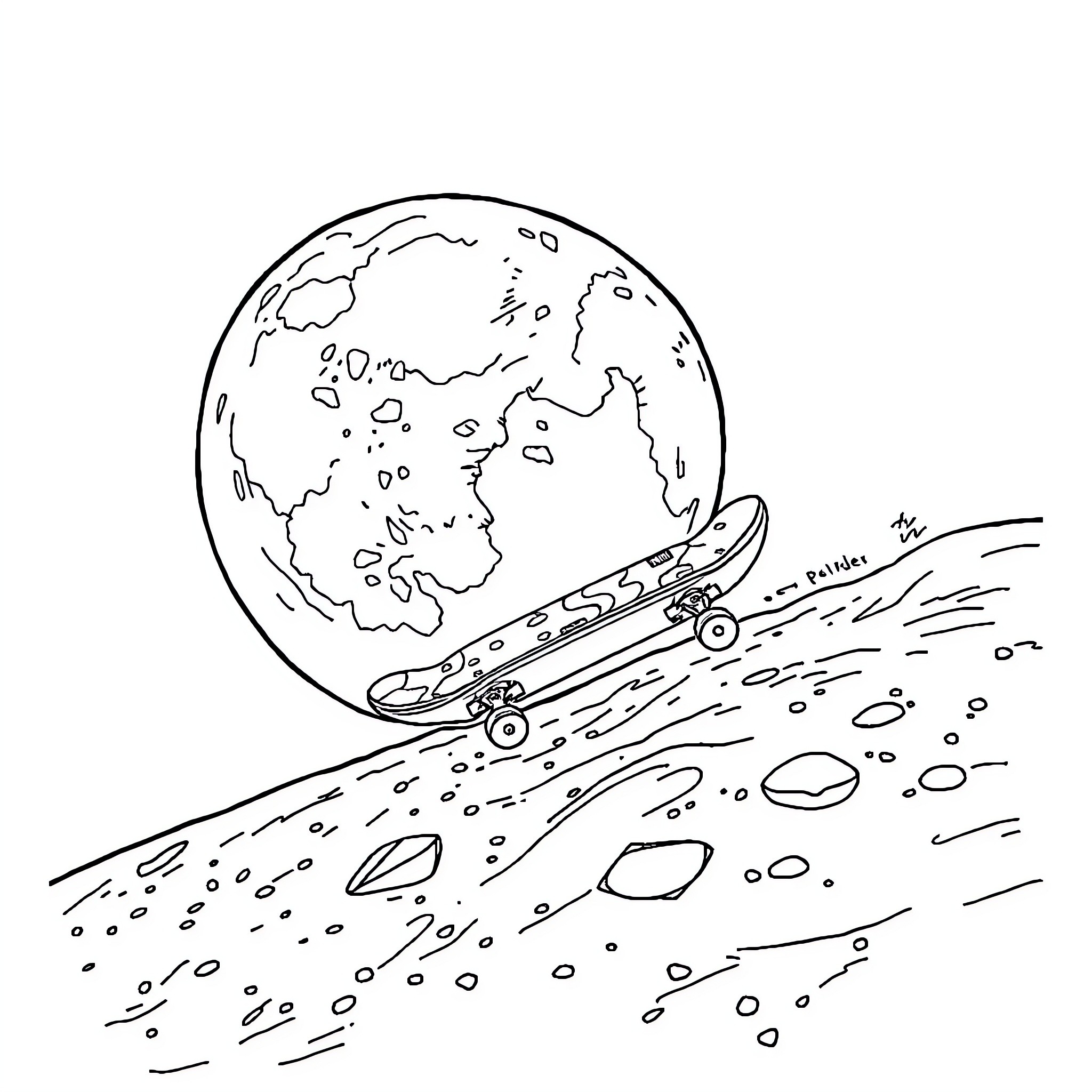 Skateboard riding through the cosmos Coloring Page (free black-and-white line drawing printable PDF for all, from beginners to advanced learners, including children, teens, adults, and seniors)