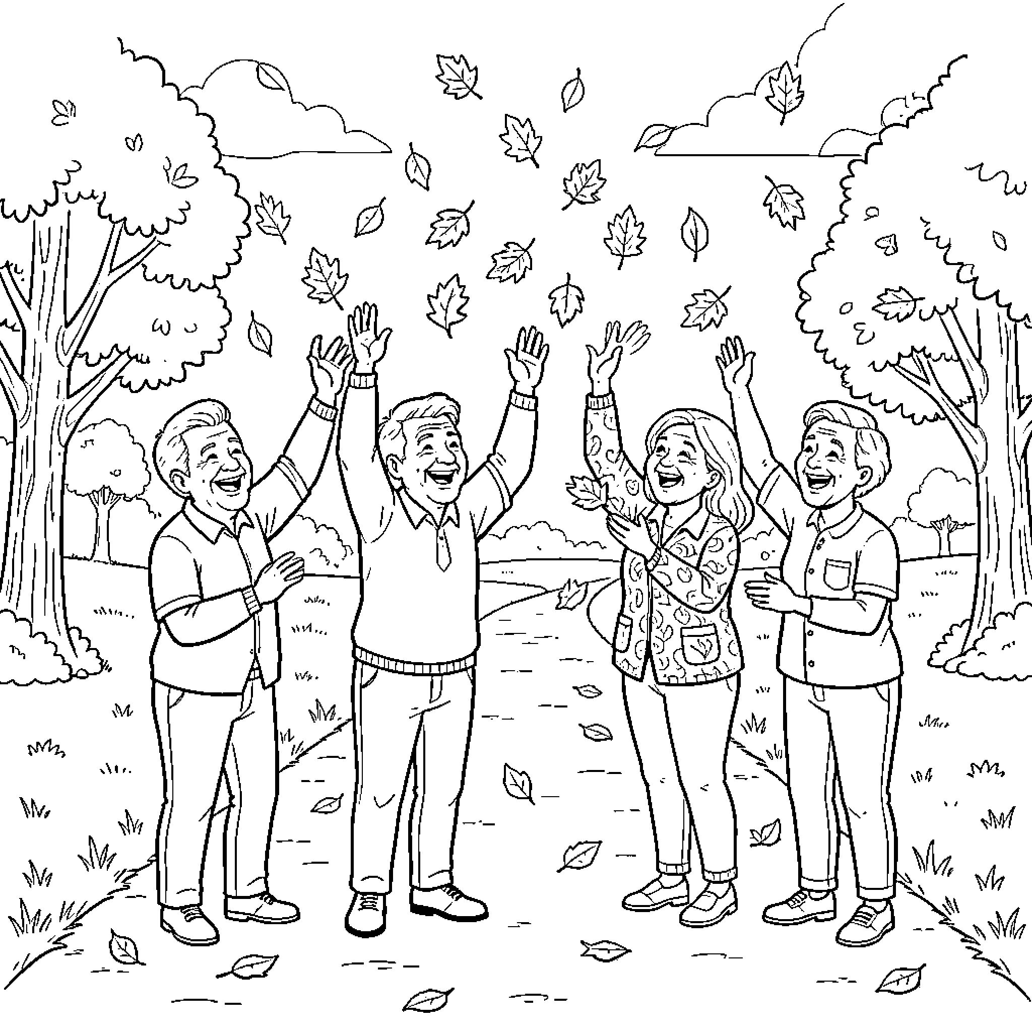 Senior citizens joyfully throwing autumn leaves in a park Coloring Page (free black-and-white line drawing printable PDF for all, from beginners to advanced learners, including children, teens, adults, and seniors)