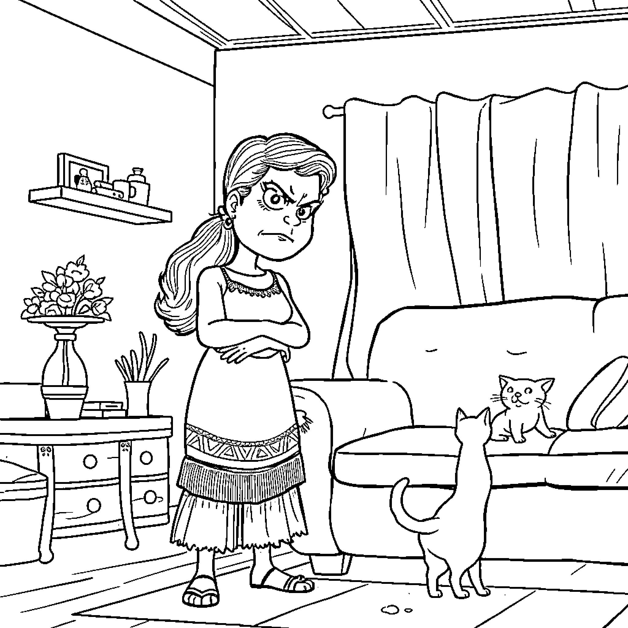 Woman standing in a cozy living room with a cat Coloring Page (free black-and-white line drawing printable PDF for all, from beginners to advanced learners, including children, teens, adults, and seniors)