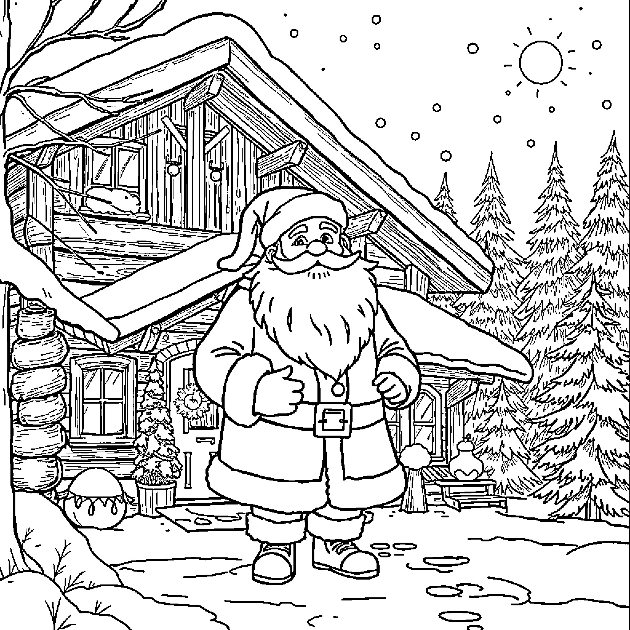 Père Noël admiring his winter cottage Coloring Page (free black-and-white line drawing printable PDF for all, from beginners to advanced learners, including children, teens, adults, and seniors)