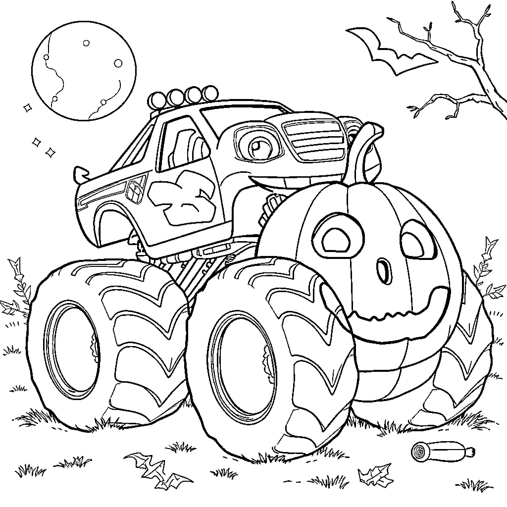 Blaze's Festive Monster Truck Adventure Coloring Page (free black-and-white line drawing printable PDF for all, from beginners to advanced learners, including children, teens, adults, and seniors)