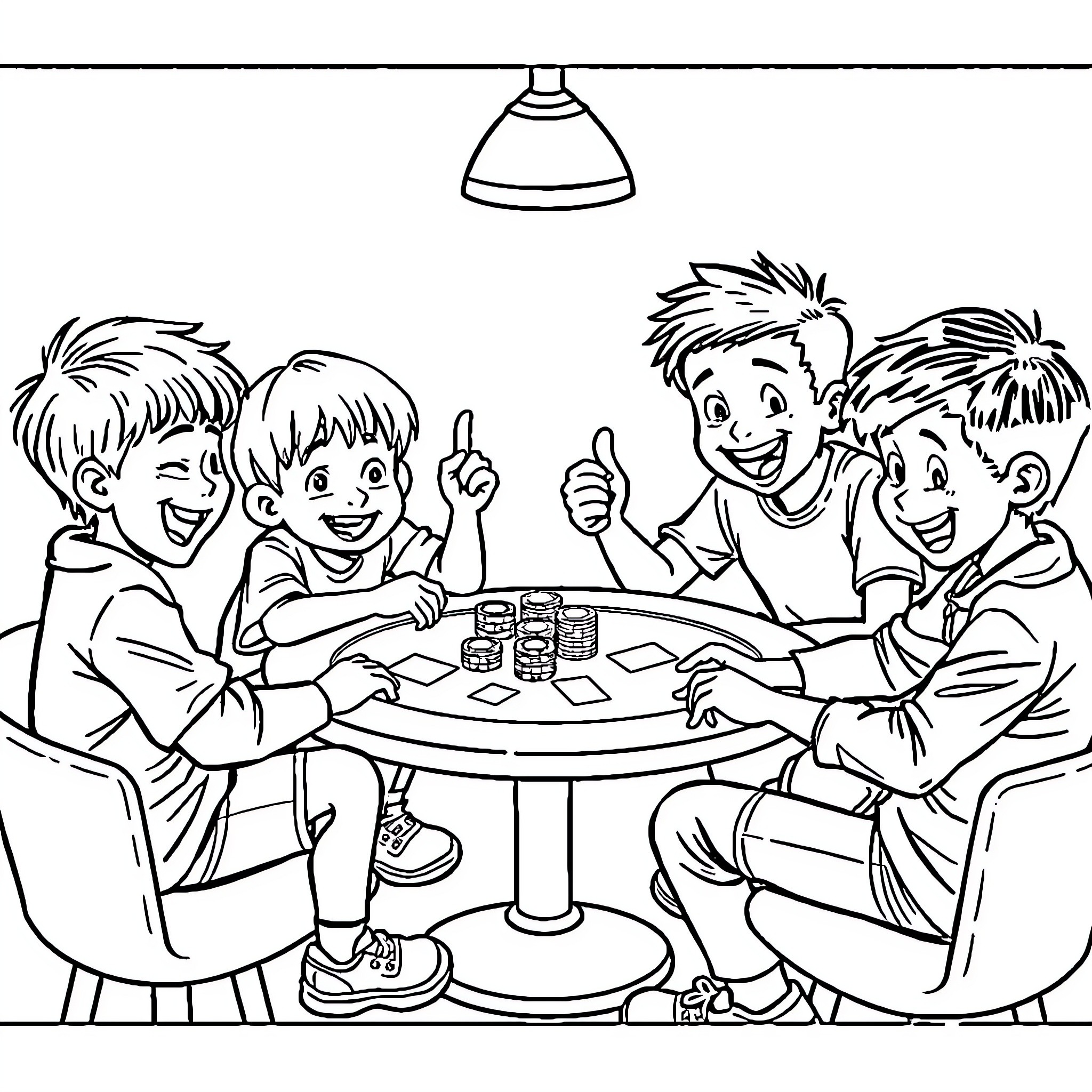 Kid friends having a fun game night Coloring Page (free black-and-white line drawing printable PDF for all, from beginners to advanced learners, including children, teens, adults, and seniors)