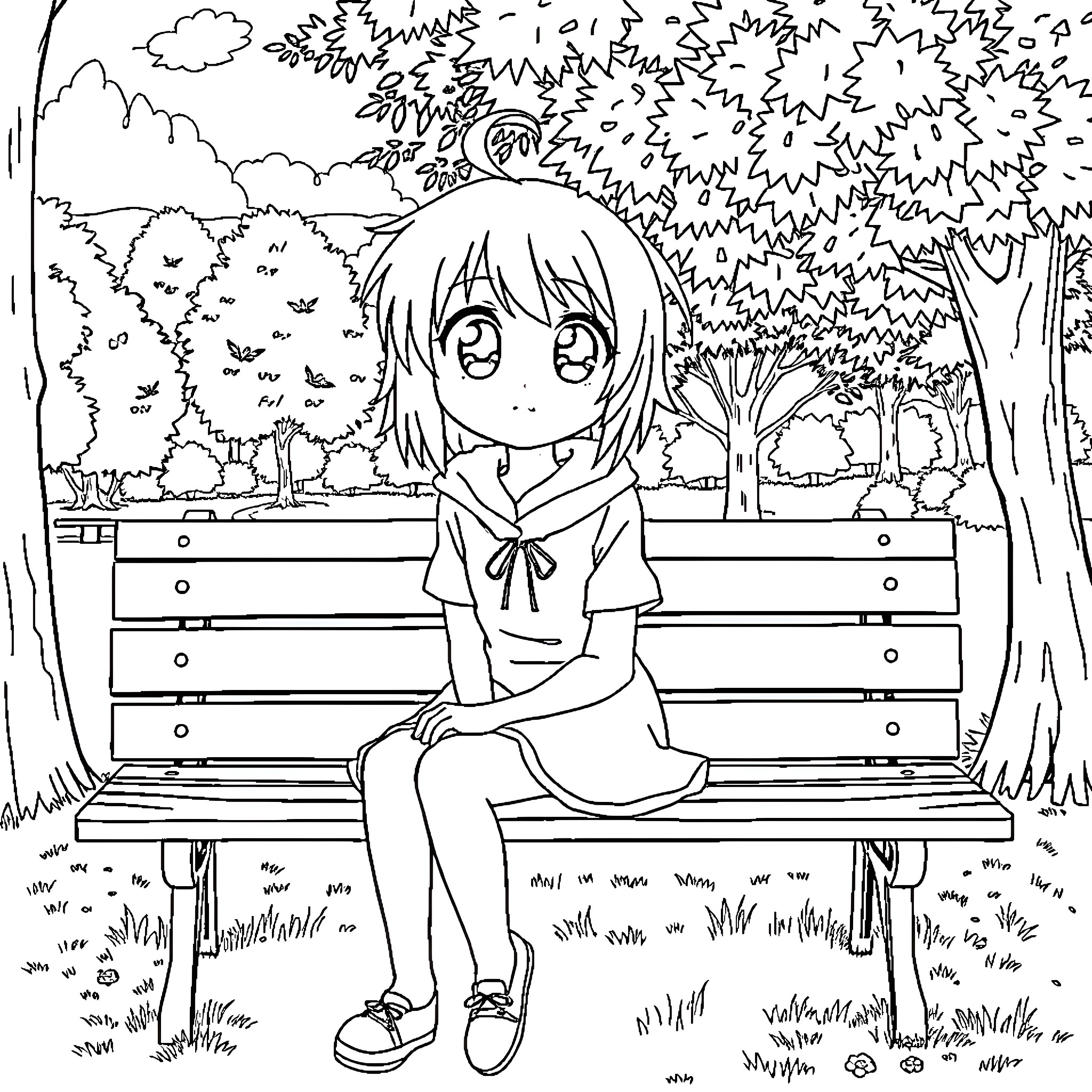 Anime Character sitting on a bench in a park Coloring Page (free black-and-white line drawing printable PDF for all, from beginners to advanced learners, including children, teens, adults, and seniors)